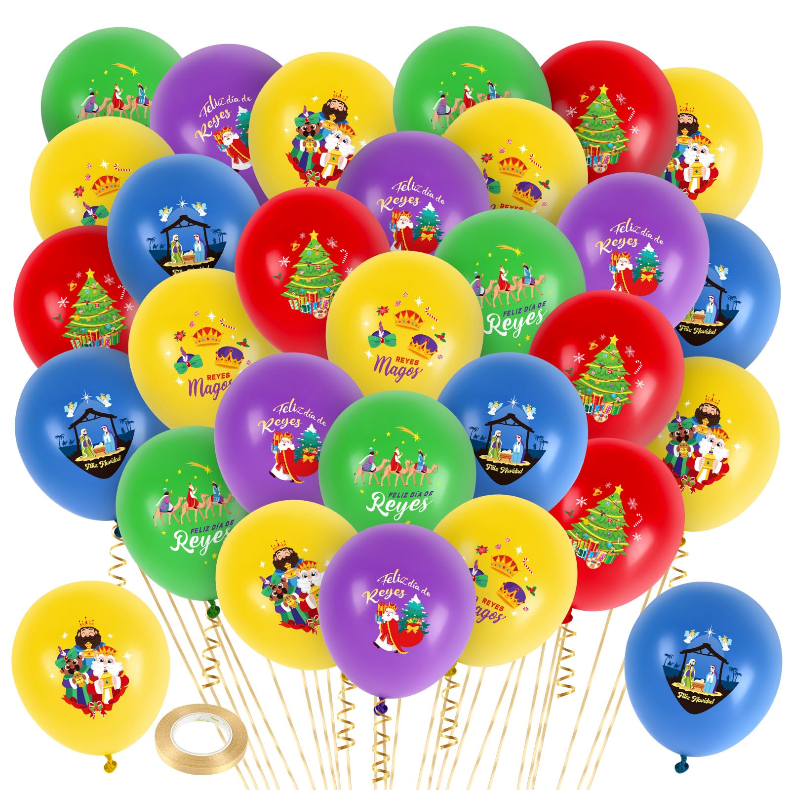 Augshy 30 Globos Reyes Magos, Globos de Feliz Navidad, Decoración De Reyes Magos, Navidad Adornos, Rojo, Verde y Dorado, Globos de Fiesta Para Cumpleaños Fiesta Decoración Año Nuevo