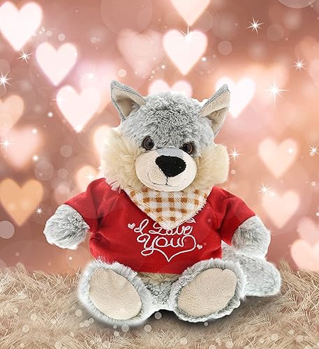 Miniatura 4 de DolliBu Peluche de lobo gris "I Love You Sitting - Lindo animal de peluche con camisa roja y con nombre personalizado para San Valentín,