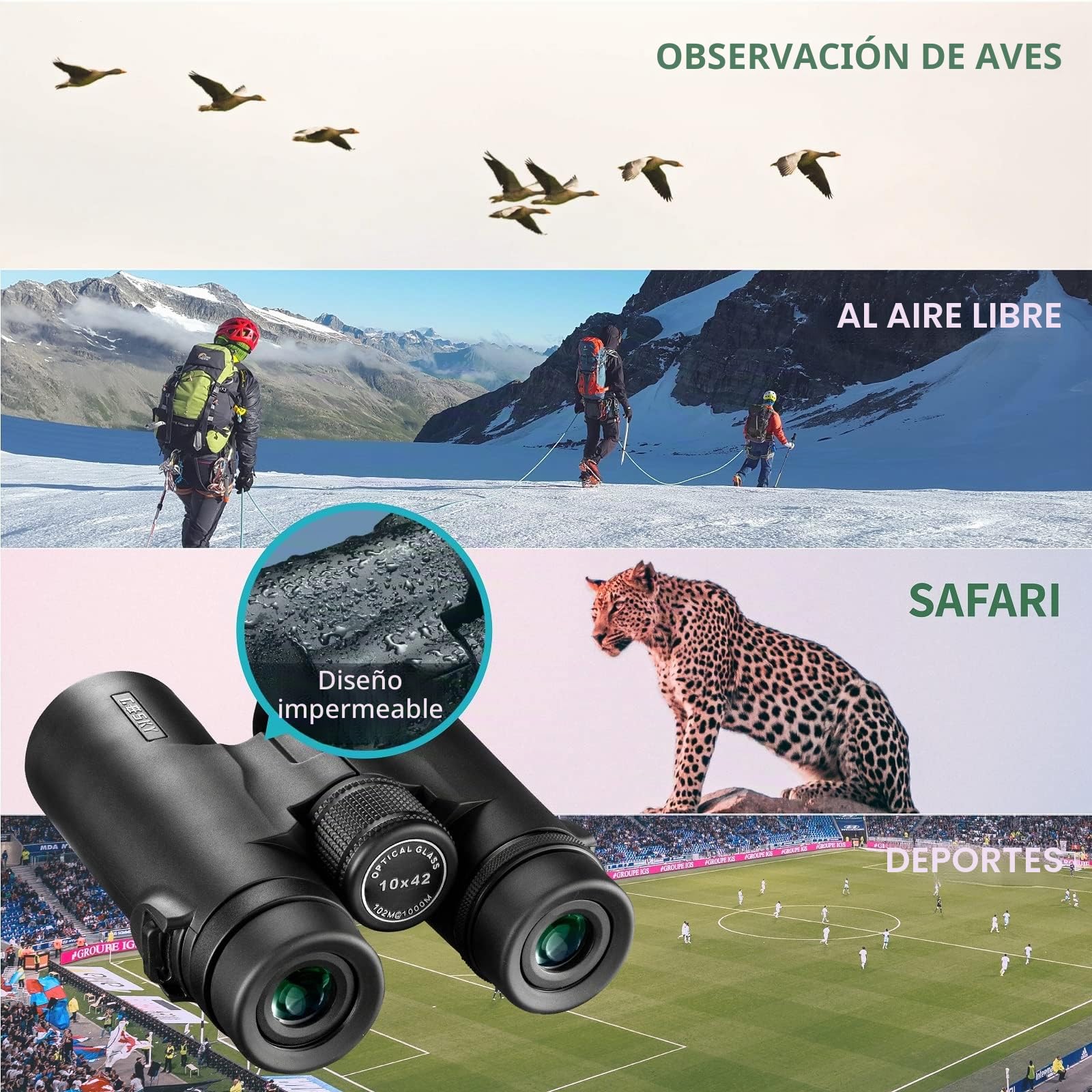 Gosky 1042 B - Prismáticos 10x42 para observación de Aves, Estrellas, paisajes, Viajes, Caza, conciertos, Deportes y Juegos al Aire Libre