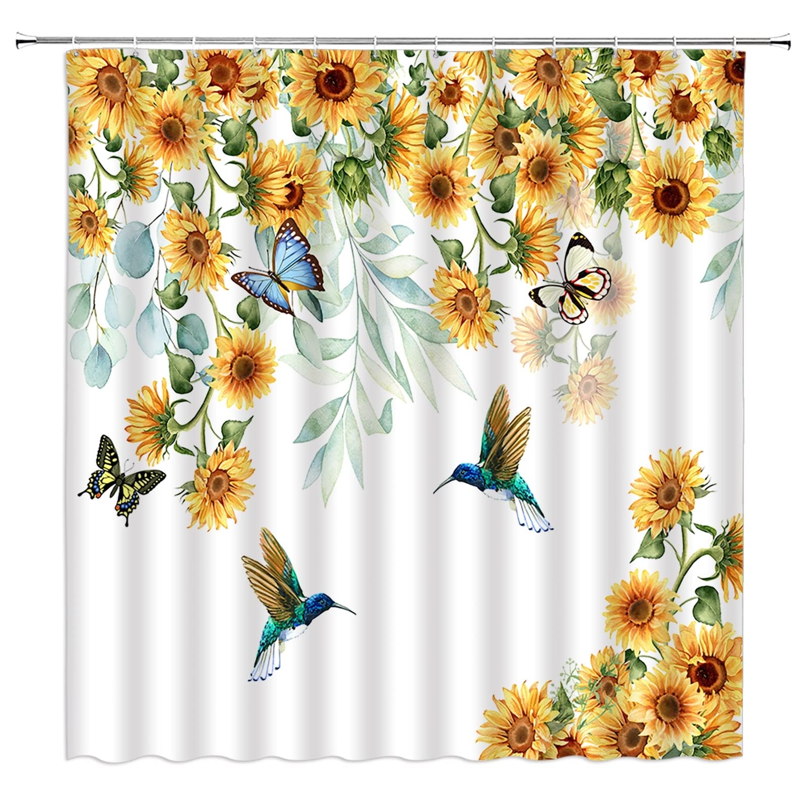 ABONAN Sunflower Hummingbird Shower Curtain Rustic Watercolor Yellow Flower Butterfly Country Farmhouse Vintage Fabric Bathroom Curtains Decor Set