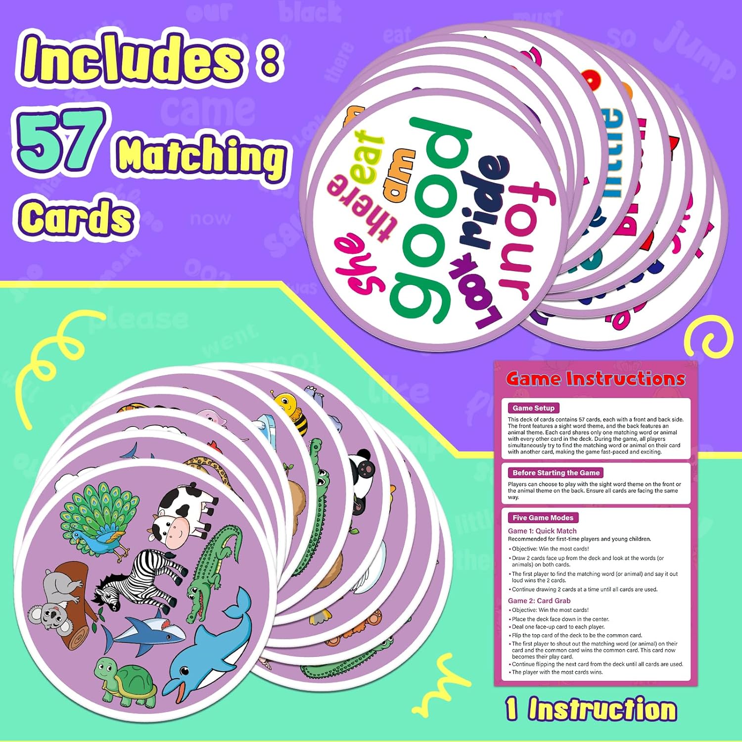 Edulok Memory Card Game, Kids Sight Word Piles Card Games, Animal Table Match Game for Toddlers, Indoor Recess Family Games, Preschool Classroom Reading Games, Homeschool Supplies