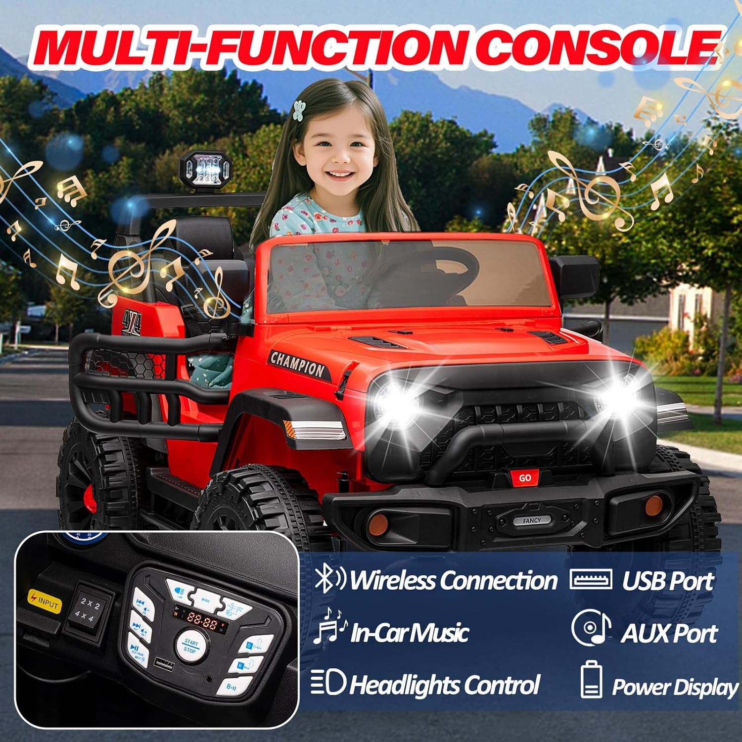 24V Kids Jeep, BLISSRIDE 2 Seater XL Ride on Truck Car w/800W Power Wheel, 4WD/2WD Switchable, Remote Control, 10AH Battery, 20'' Wide Seat, Bluetooth, LED Light, Electric Vehicle for Boys Girls, Red