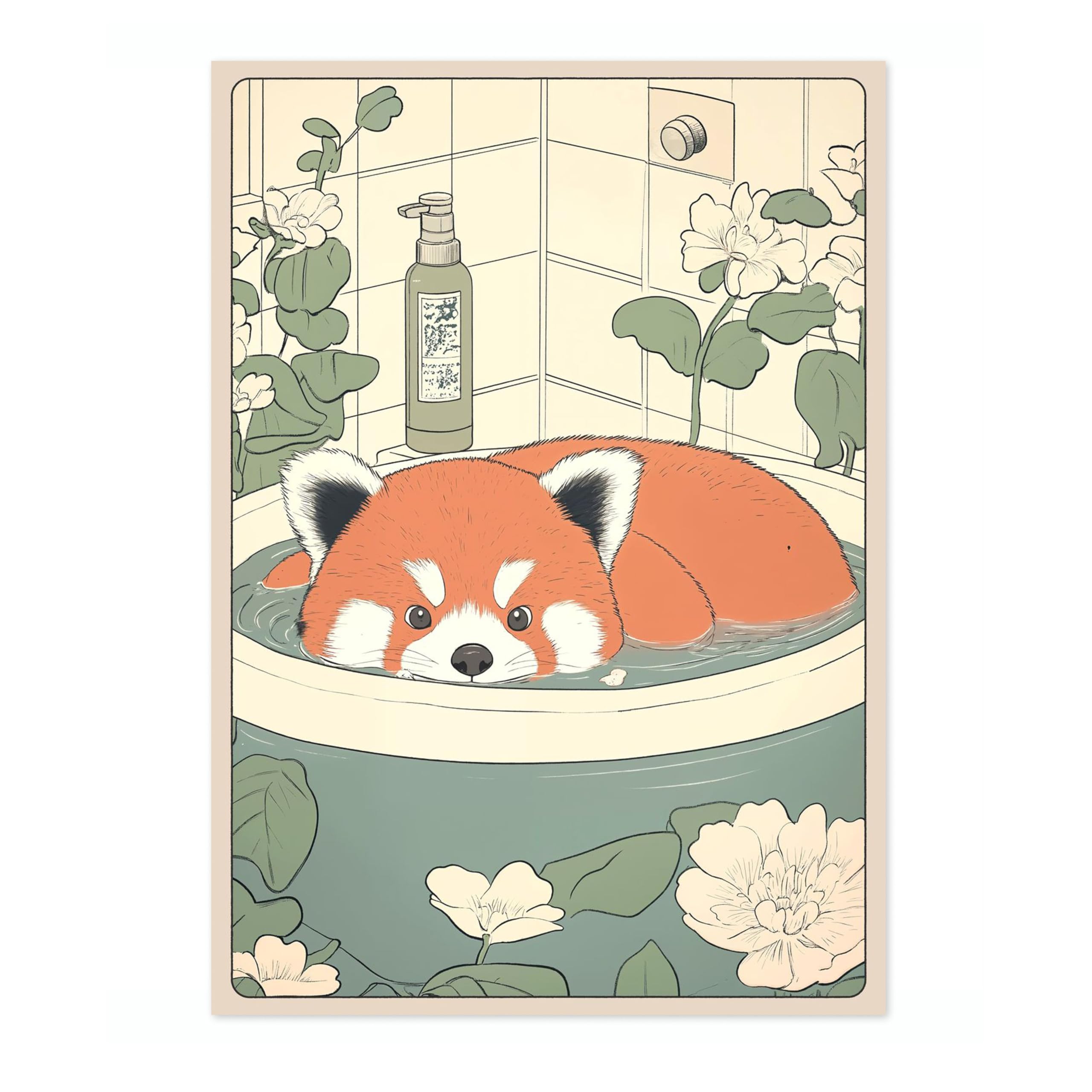 Red Panda Bathtime Anime Animal Poster, Funny Bathroom Wall Art Print, Manga, Bathroom Wall Art, Toilet Decor, A4 (Print Only) - 29.7x21cm — image 1