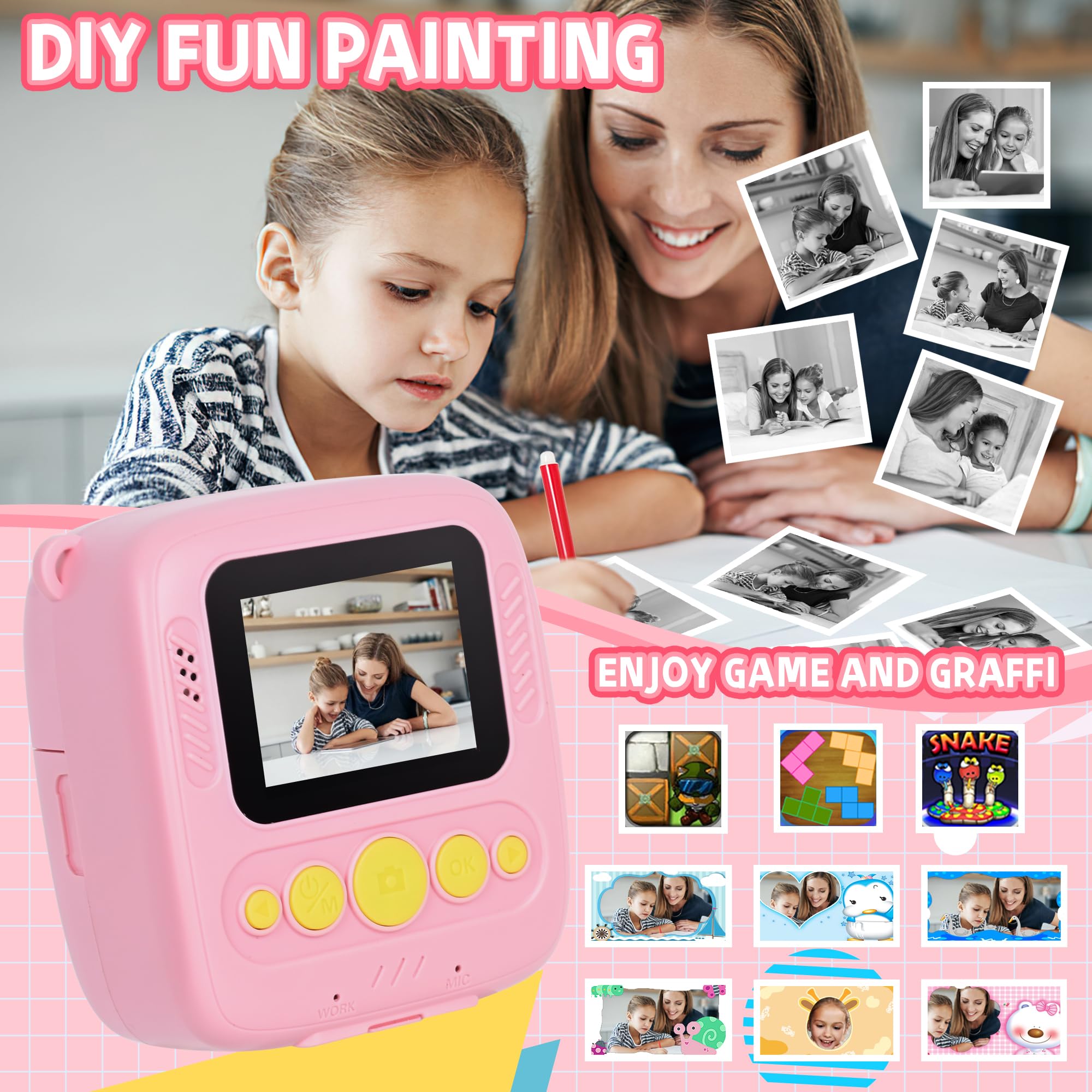 Instant Print Camera for Kids, Toys for 4-6 Year Old Girls Boys,Portable Toddler Digital Camera, Christ Birthday Gift for Girl Boys Ages 3 4 5 6 7 8 9-32G SD Card Included