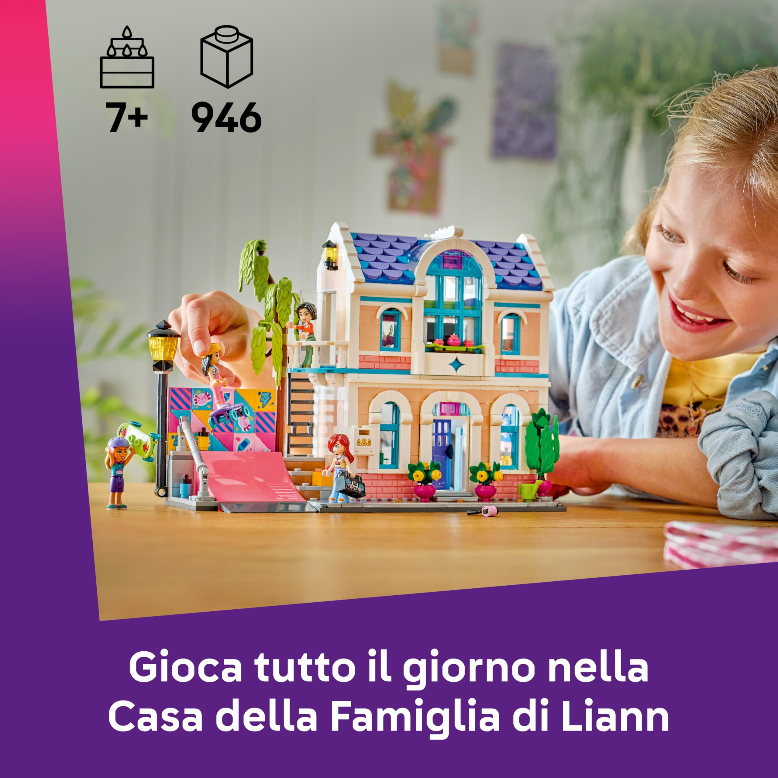 LEGO Friends Casa della Famiglia di Liann - Giocattolo in Miniatura da Costruire con Giardino, 4 Mini Bamboline, Animale Axolotl, Gecko e Accessori - Regalo di Compleanno per Bambine da 7 Anni - 42687