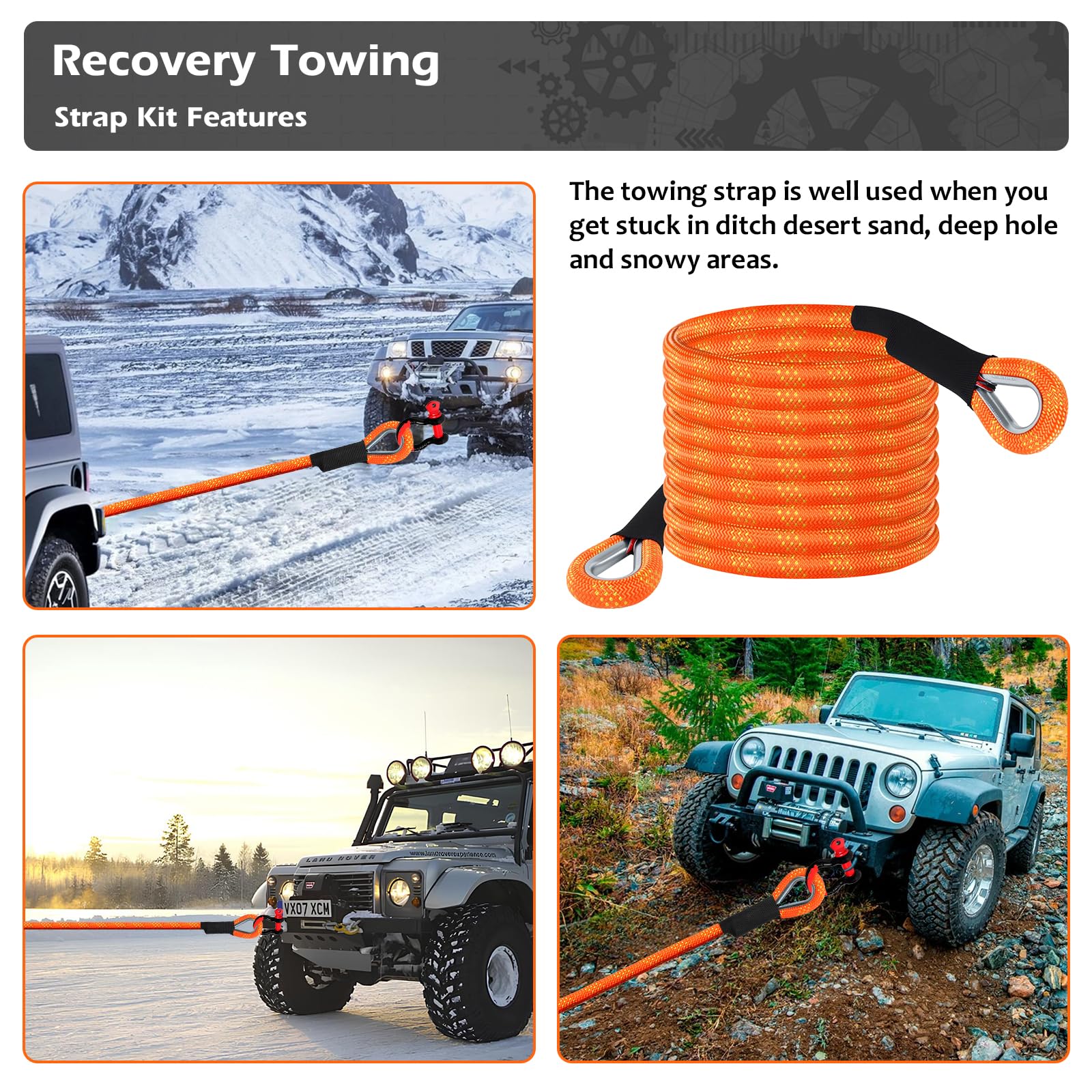 Cuerda de Remolque 6M (20 ft) 22.000 lbs (10T) Capacidad - con Guantes Antideslizantes+Bolsa de Almacenamiento+Accesorios - para Camiones,Jeep,Tractores,ATV,UTV, urismos - Rescate en Carretera