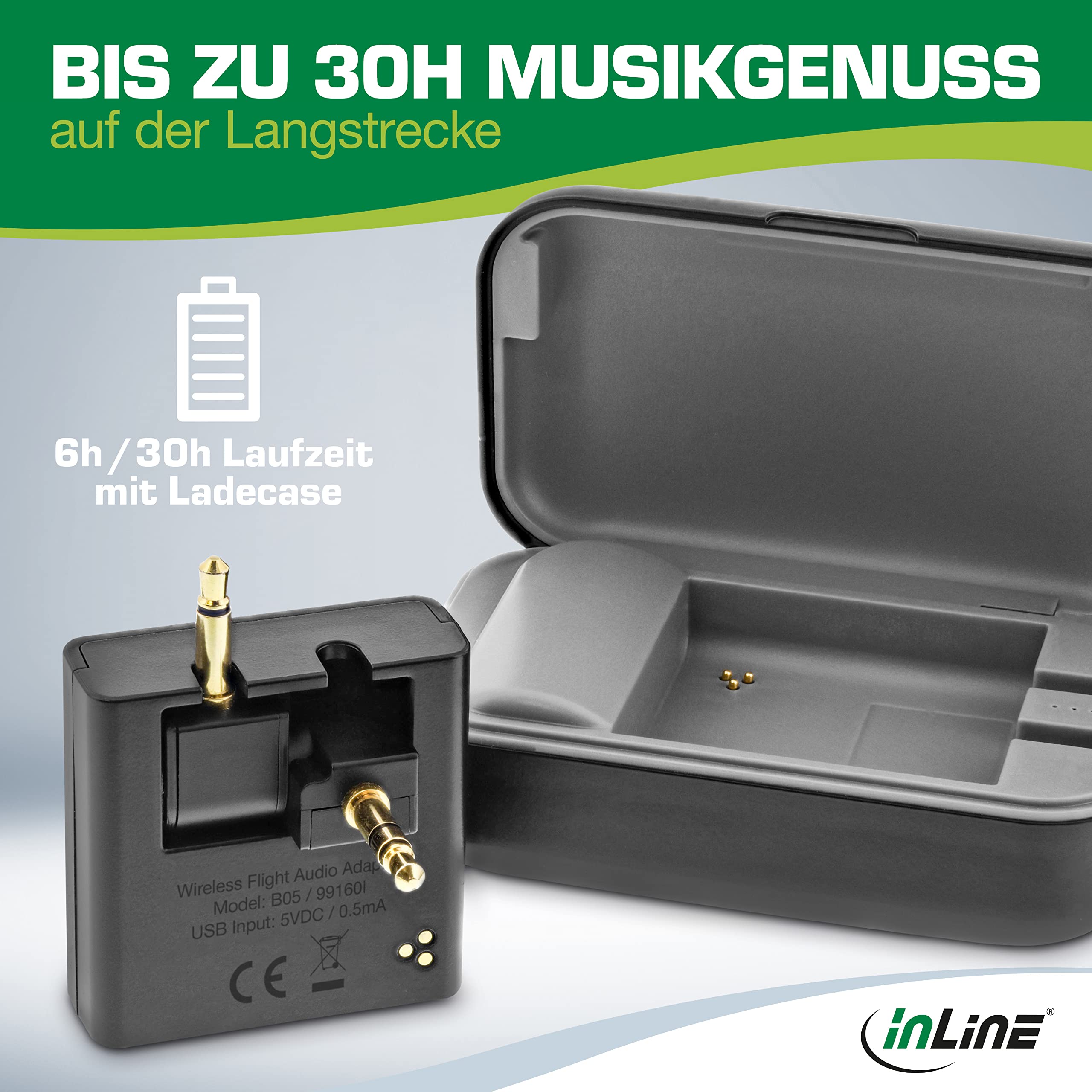 InLine – Adaptador de avión Bluetooth 5.0 transmisor de Audio para TV, PC, HiFi, aptX, Adaptador Universal para Sistemas auxiliares de 1, 2 y 3 Pines, con Estuche de Carga, para Auriculares y AirPods