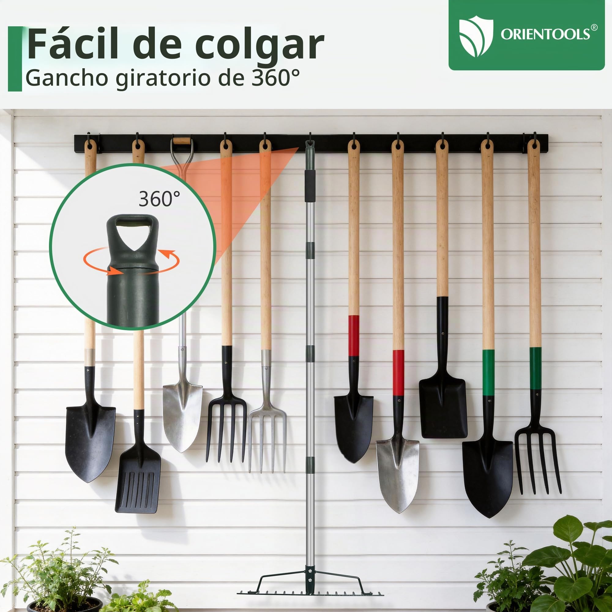 ORIENTOOLS Rastrillo de jardín, resistente, 44 cm de ancho x 160 cm de alto, verde, 1,7 kg