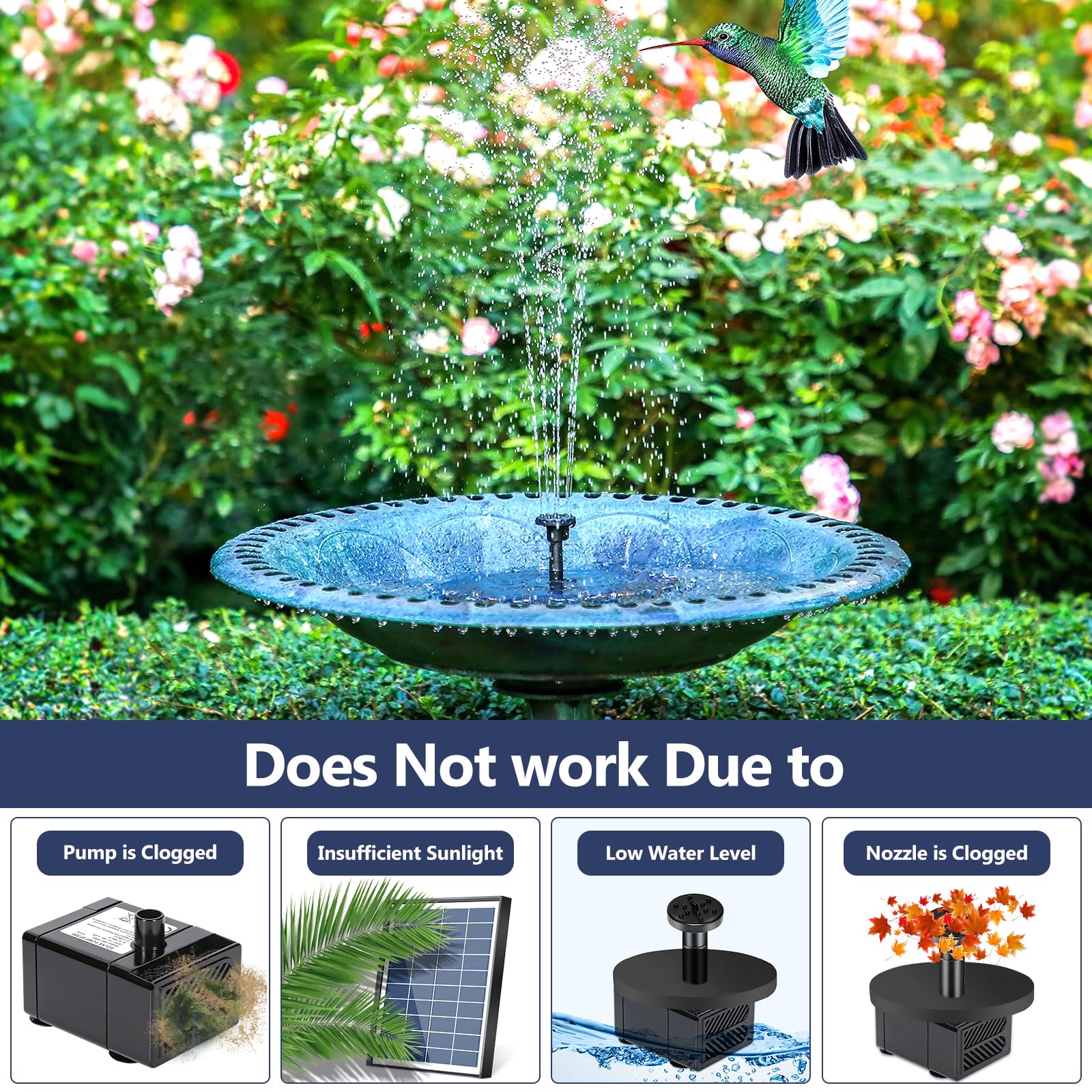 Fontana Solare 6,5W, Pompa Solare per Fontane, Kit Fontana per Laghetto con Pannello Solare con 9 Effetti Ugelli, per Laghetto da Giardino, Bagno degli Uccelli, Vasca per Pesci, Piscina
