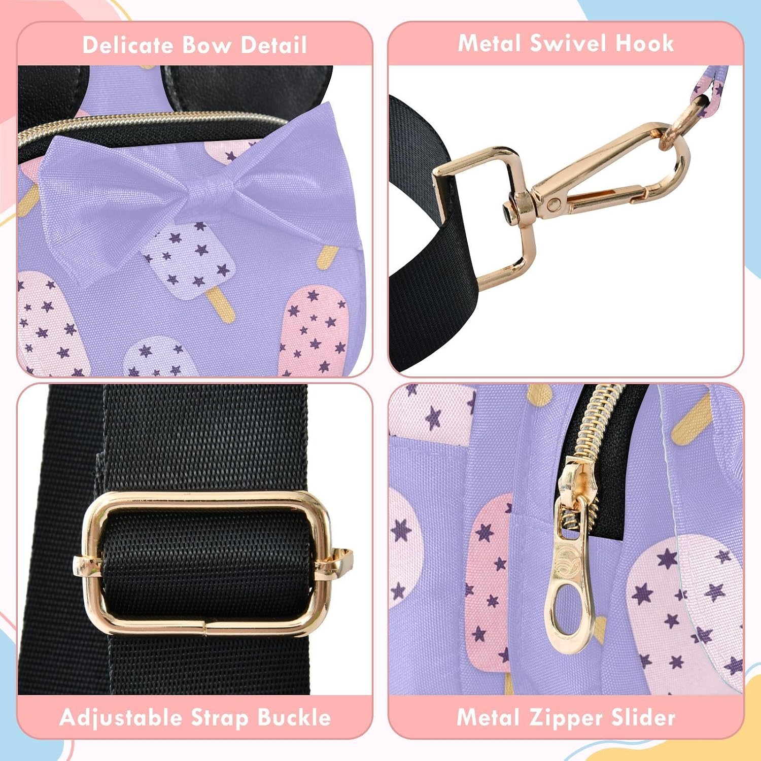 Sinestour Ice Cream Kids Crossbody Bags for Girls, 5.7"x7.5"x3.1" | Crossbody Fanny Pack, Toddler Purse, Cute Sling Belt Bag with Ears, 2L Small Shoulder Chest Bag for Travel