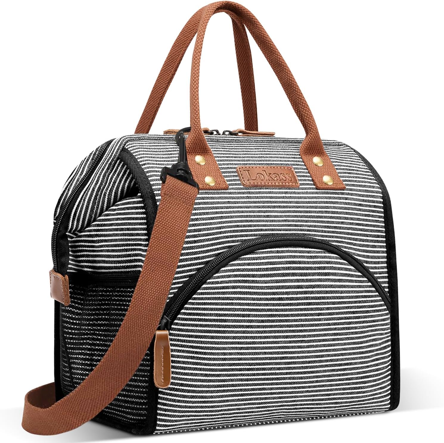 LOKASS Lunch Bag Insulated Lunch Box Wide-Open Lunch Tote Bag with Removable Shoulder Strap for Women/Men Adults Work Picnic Hiking Beach Fishing(Stripes)