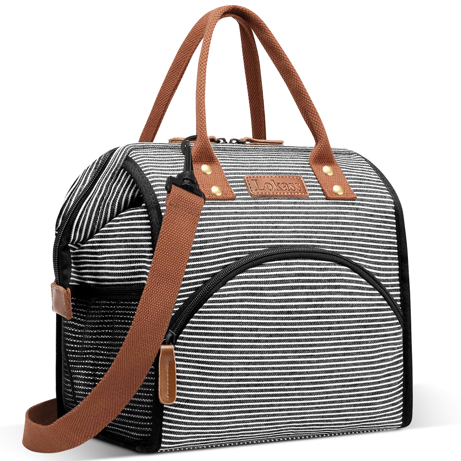 LOKASS Lunch Bag Insulated Lunch Box Wide-Open Lunch Tote Bag with Removable Shoulder Strap for Women/Men Adults Work Picnic Hiking Beach Fishing(Stripes)