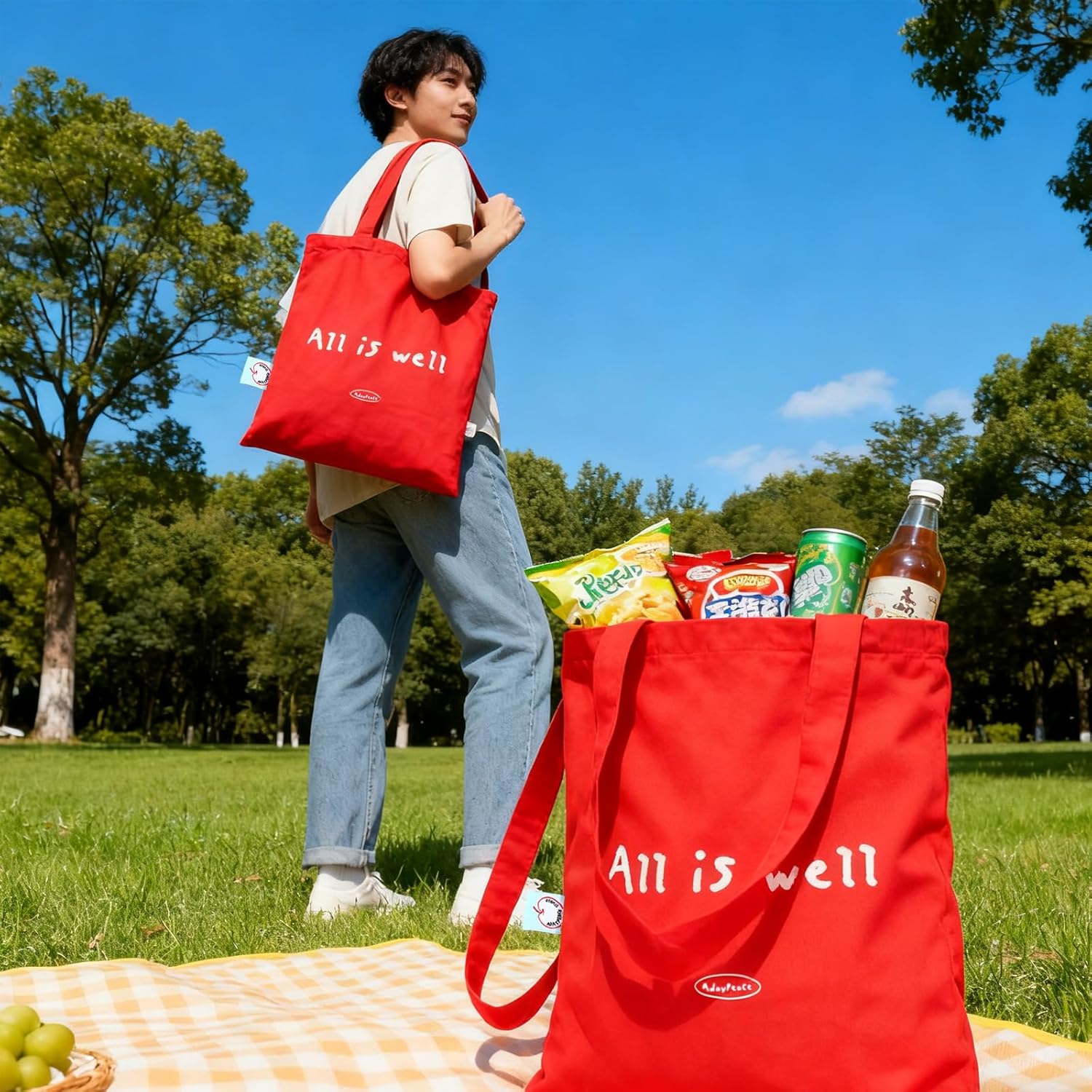 Red Canvas Tote Bag16 X14,100% Cotton Reusable Grocery Bag with Inner Safety Pocket & Long Handles, Large Capacity Summer Beach Tote Bags for Women,Shoulder Cloth Fabric Bag for Shopping,Travel,Work | Red Canvas Tote Bag, Safety Pocket, Long Handles, Summer Beach Tote, 100%cotton - Image 4
