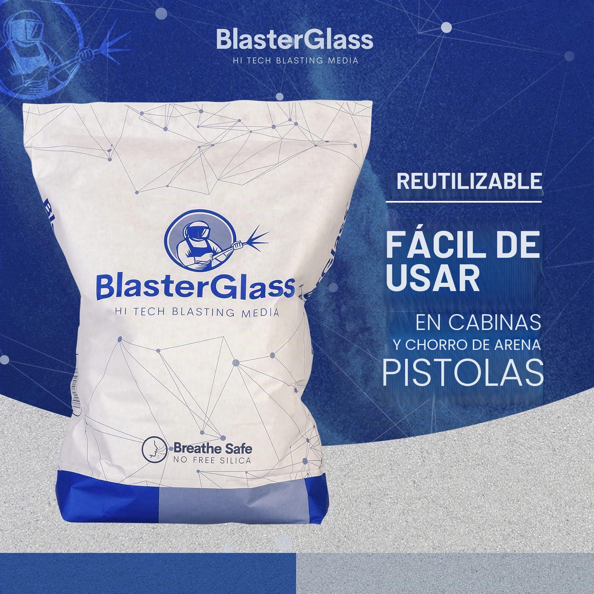 BlasterGlass Hi-Tech Arena de Vidrio Abrasivo Reutilizable para Limpieza por Chorro a Presión, Alta Compatibilidad para Sistemas de Arenado y Chorreo - Saco 10kg…