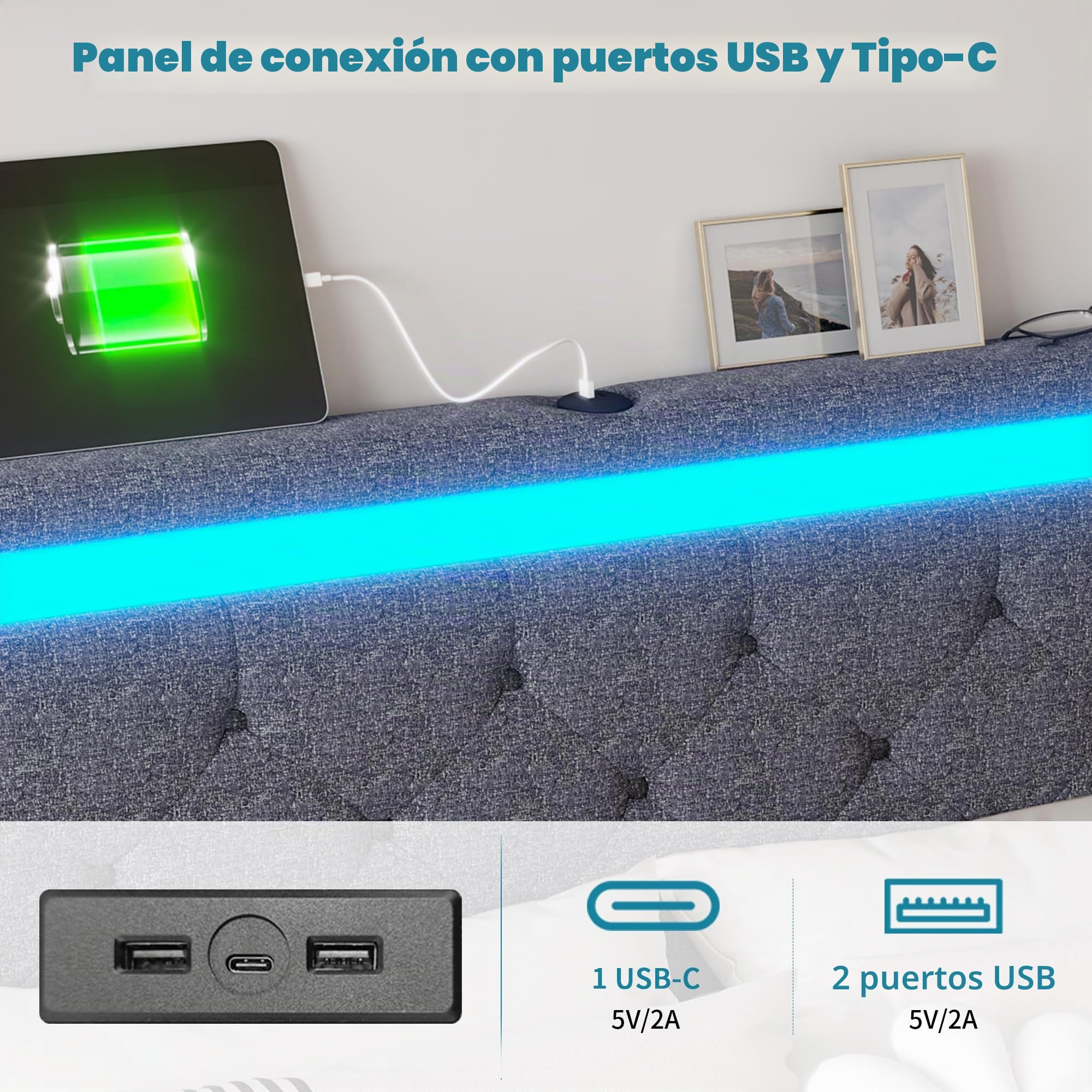 Cama de Matrimonio con Almacenamiento y led, cama Tapizada 160x200 luces led y Cargador Cama con usb y luz led Cama160x200 con 4 Cajones de Almacenamiento, Sin Colchón (A Gris oscuro, 160x200 cm)
