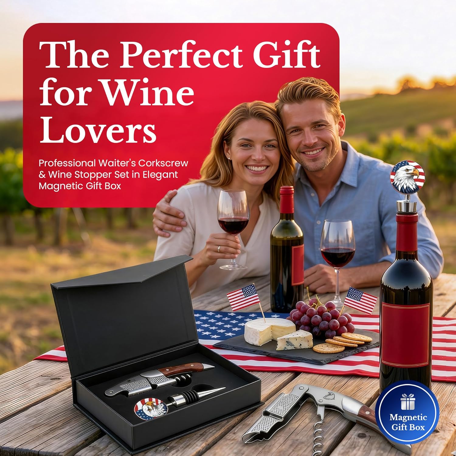 Patriotic 2-Piece Wine Accessory Gift Set: Professional Waiters Corkscrew Wine Opener & Wine Bottle Stopper - Double-Hinged Stainless Steel & Rosewood with Foil Cutter. Americana Wine Kit