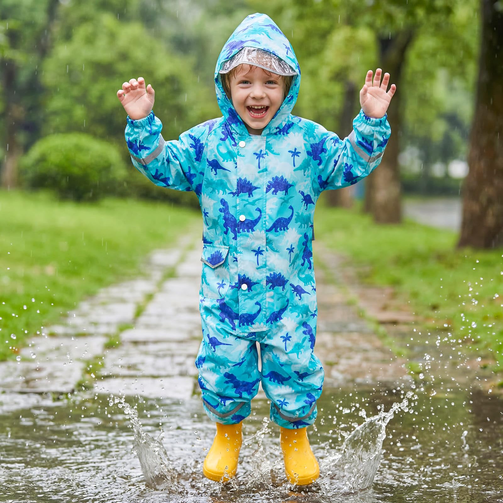 Imperméable à Capuche Enfant Fille Garçon Combinaison de Pluie Respirant Léger Vestes avec Bandes Réfléchissante Licorne Dinosaure Motif Imperméables École Vêtements de Pluie Unisexe 1-9 Ans