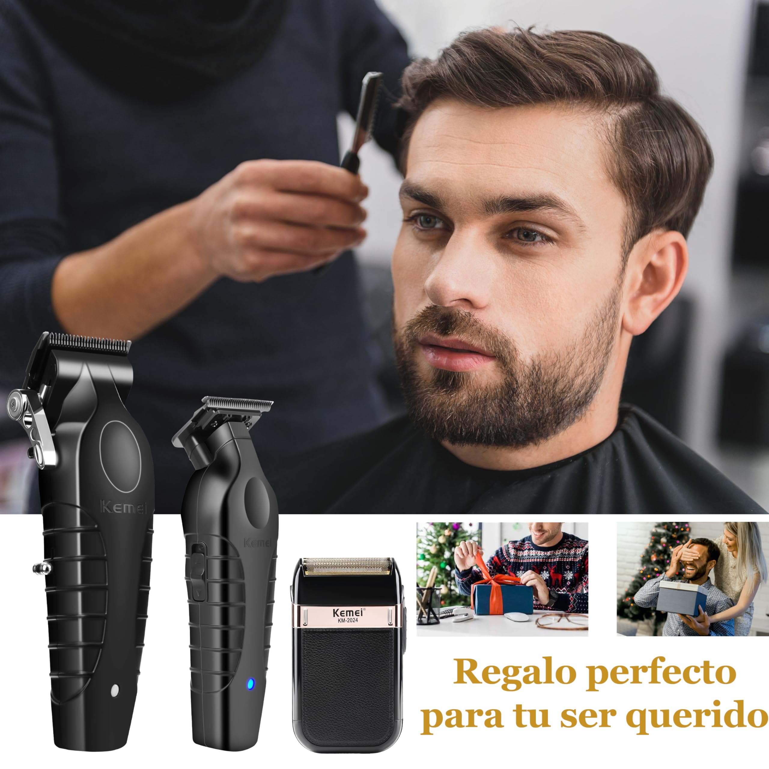 KEMEI Cortapelos profesional, juego de maquinilla de afeitar eléctrica para hombre, cortapelos inalámbrico, kit de corte de pelo con cortapelos USB