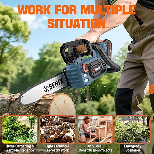 Miniatura 4 de SENIX CSX2-M1 - Motosierra inalámbrica de 20 voltios máximo con barra Oregon de 10 pulgadas y cadena para extremidades y ramas pequeñas, ligera,