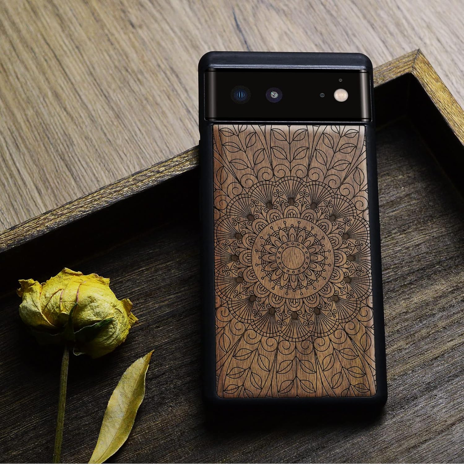 Carveit Wood Case for Pixel 6 Case [Natural Wood & Black Soft TPU] Shockproof Protective Wooden Cover Compatible with Google Pixel 6 (Ornamental Lace Pattern-Walnut)