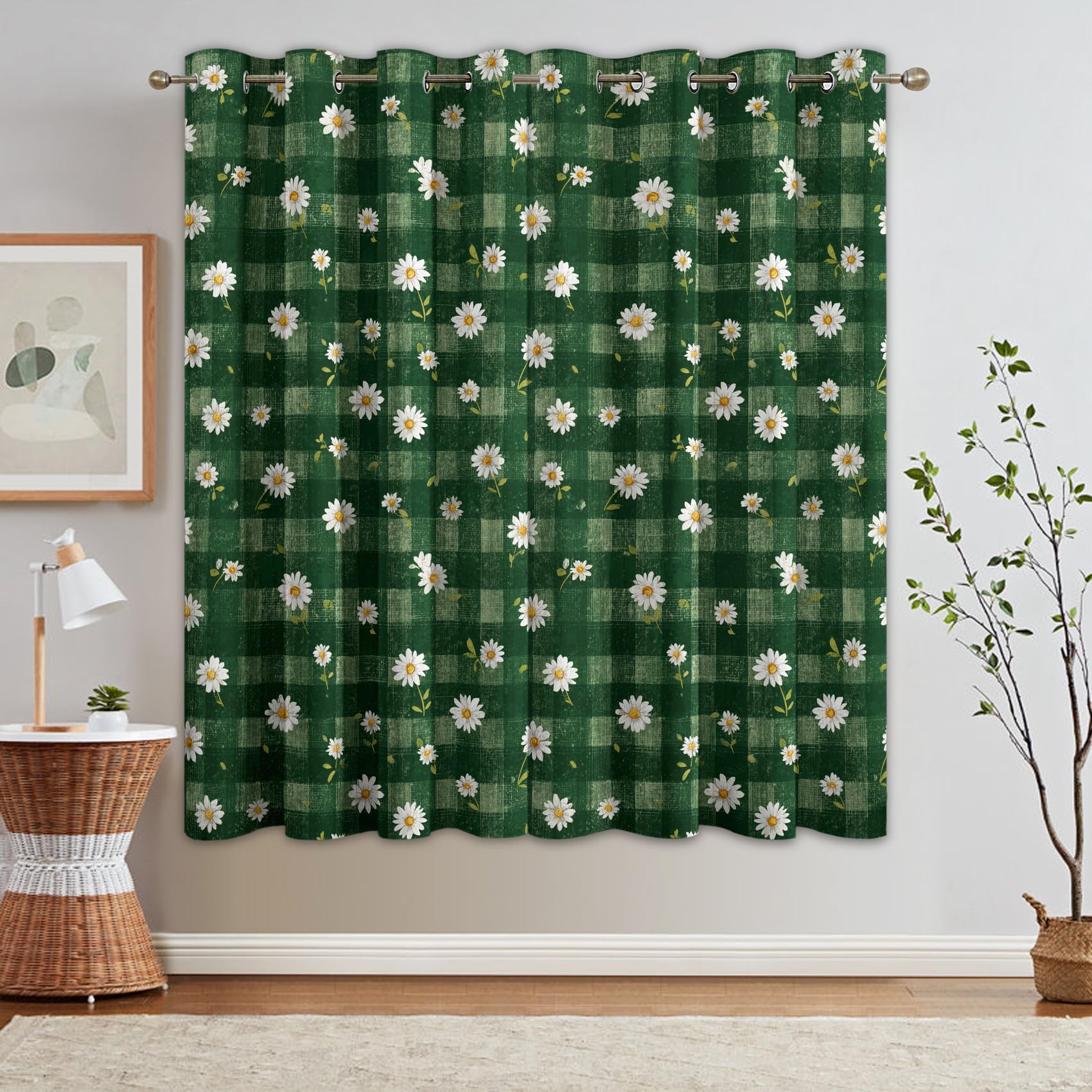 Gänseblümchen Vorhänge Mit ösen Blickdicht, Salbeigrün Blumen Karo Vorhang Schlafzimmer Wohnzimmer Küche 110 x 215 cm Lang, Übergardinen Innen Verdunklungsvorhänge