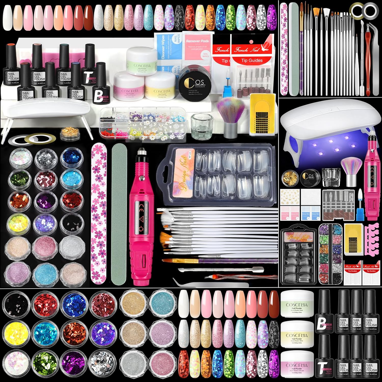 COSCELIA Acrylic Nail Kit for Beginners: Professional Set with 3 Powders, 6 Gel Polishes, UV Lamp, Drill, Tips & Glitter Decorations