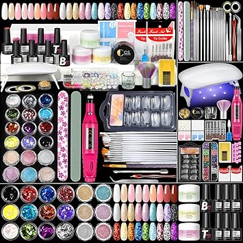 Acrylic Nail Kit for Beginners with Everything 3pc Acrylics Powder 6pcs Gel Nail Polish Glitter Powders Professional Nail Acrylic Kit Set with Light and Drill DIY at Home Gifts for Women