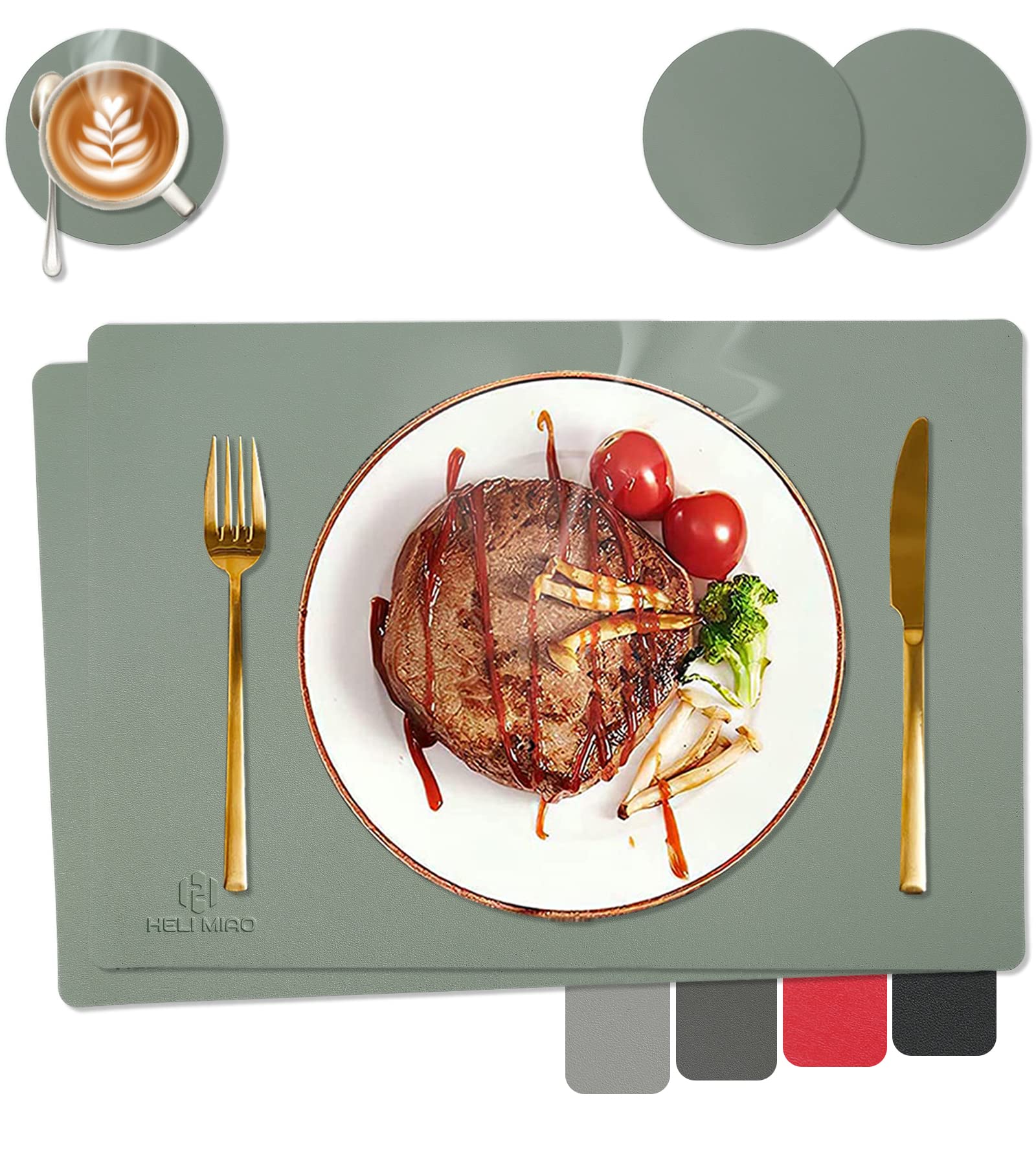 HELI MIAO Tischsets Abwaschbar,Platzsets Abwischbar, Leder,Hitzebeständig Doppelseitigen I 6er Set Platzdeckchen Lederoptik mit Untersetzer,Tischuntersetzer rutschfest,Salbeigrün