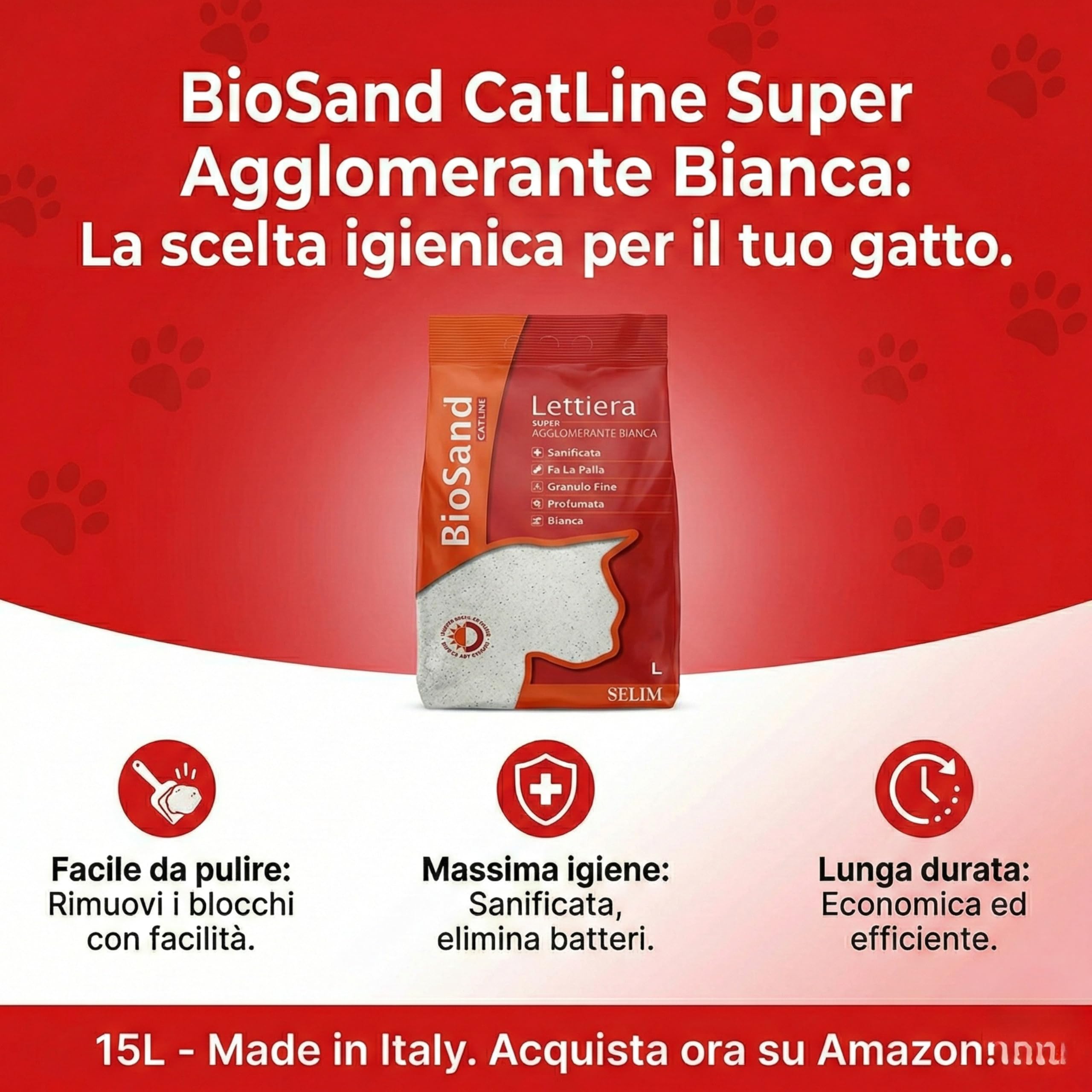 OFFERTA 2 Confezioni BioSand Lettiera Gatto Super Agglomerante Bianca - 15L - Sabbia Bentonite Naturale Sanificata e Profumata al Talco - Granulo Fine, Massima Igiene e Controllo Odori.