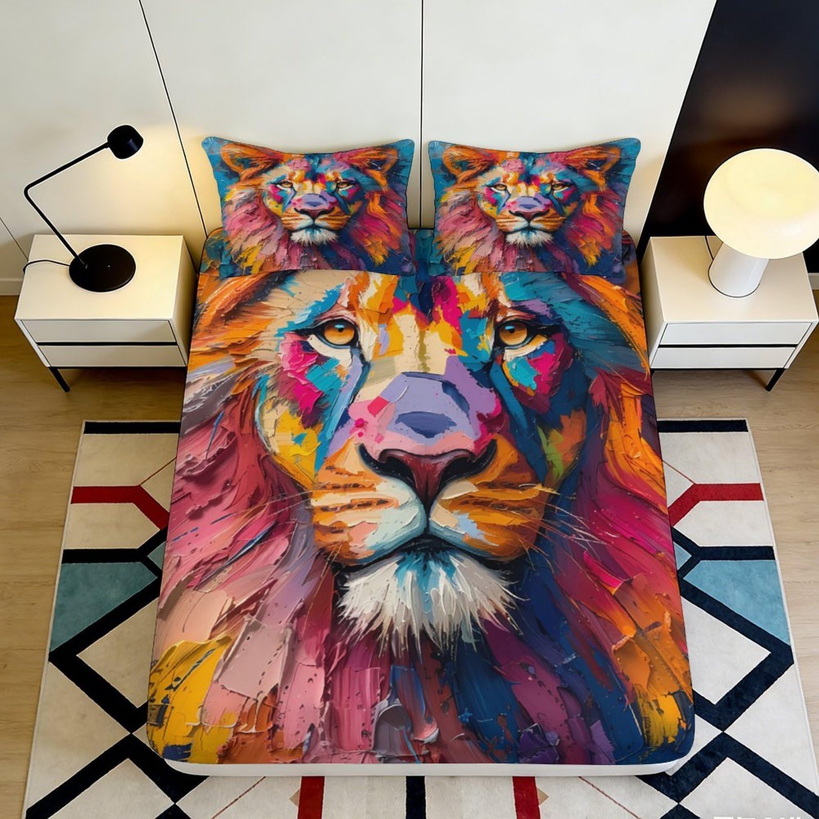Jqzkxnhpbr Style-9 3D Printed Colorful Lion Fitted Sheet Microfiber Soft Anti-Slip Vibrant Art Mattress Cover For Bedroom Dorm Decor 90X200x25cm