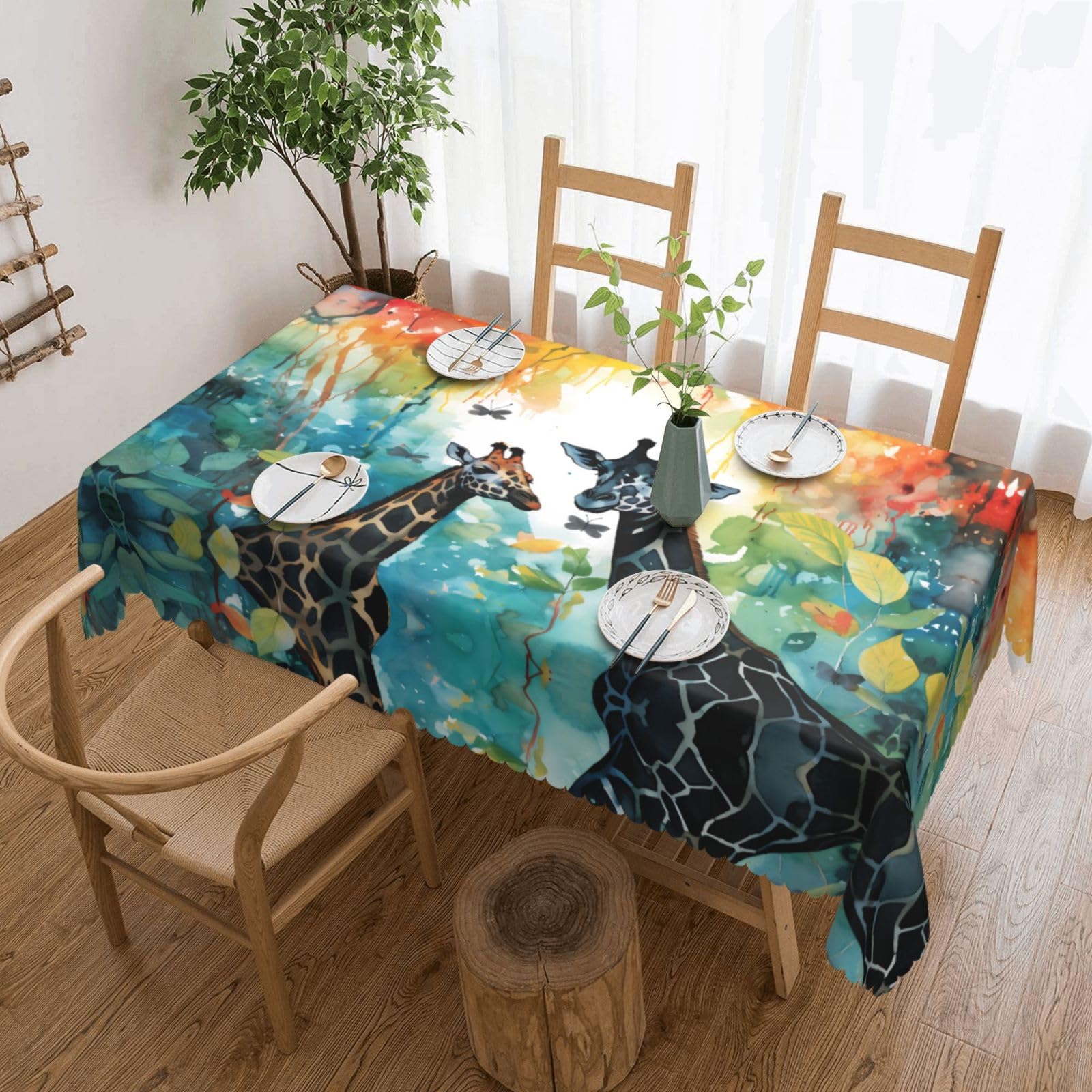 QAZWZML Watercolor Giraffe Printed tablecloth, made of thick polyester with lace trim, suitable for dining rooms, picnics, and weddings