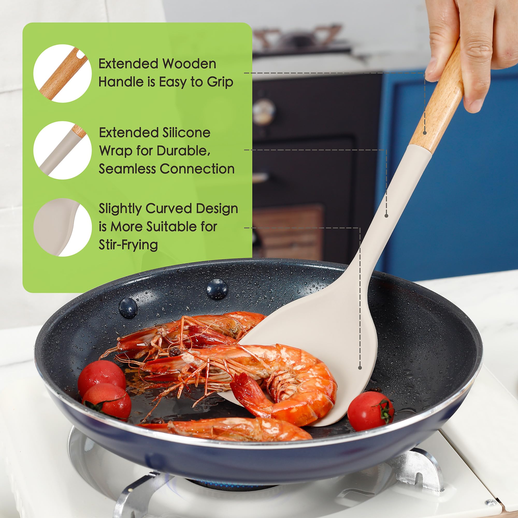 Juego de utensilios de cocina de silicona grandes, 7 piezas, asas de madera, resistentes al calor, utensilios de cocina de silicona de grado alimenticio con soporte, sin BPA, utensilios de cocina