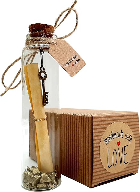 Little Jar of Big Ideas - Petite Message in a Bottle with Love Key Pendant & Gold Pebbles - Thoughtful Gift - Unique Present - Artisan Handcrafted Gift