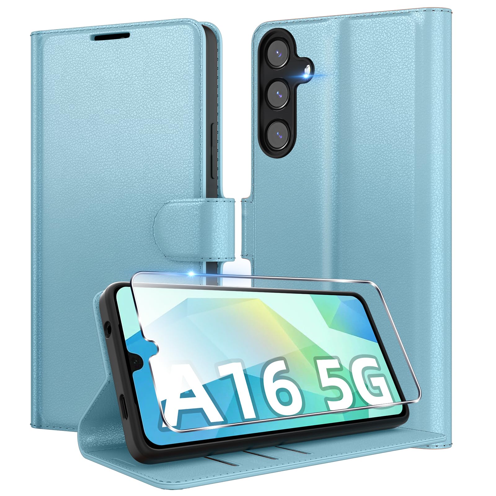 Eirltiy Cover per Samsung Galaxy A16 5G/4G Portafoglio Pelle PU Premium, Custodia Scomparti Carte Antiurto Protettiva Case con 1 Vetro Temperato, Blu
