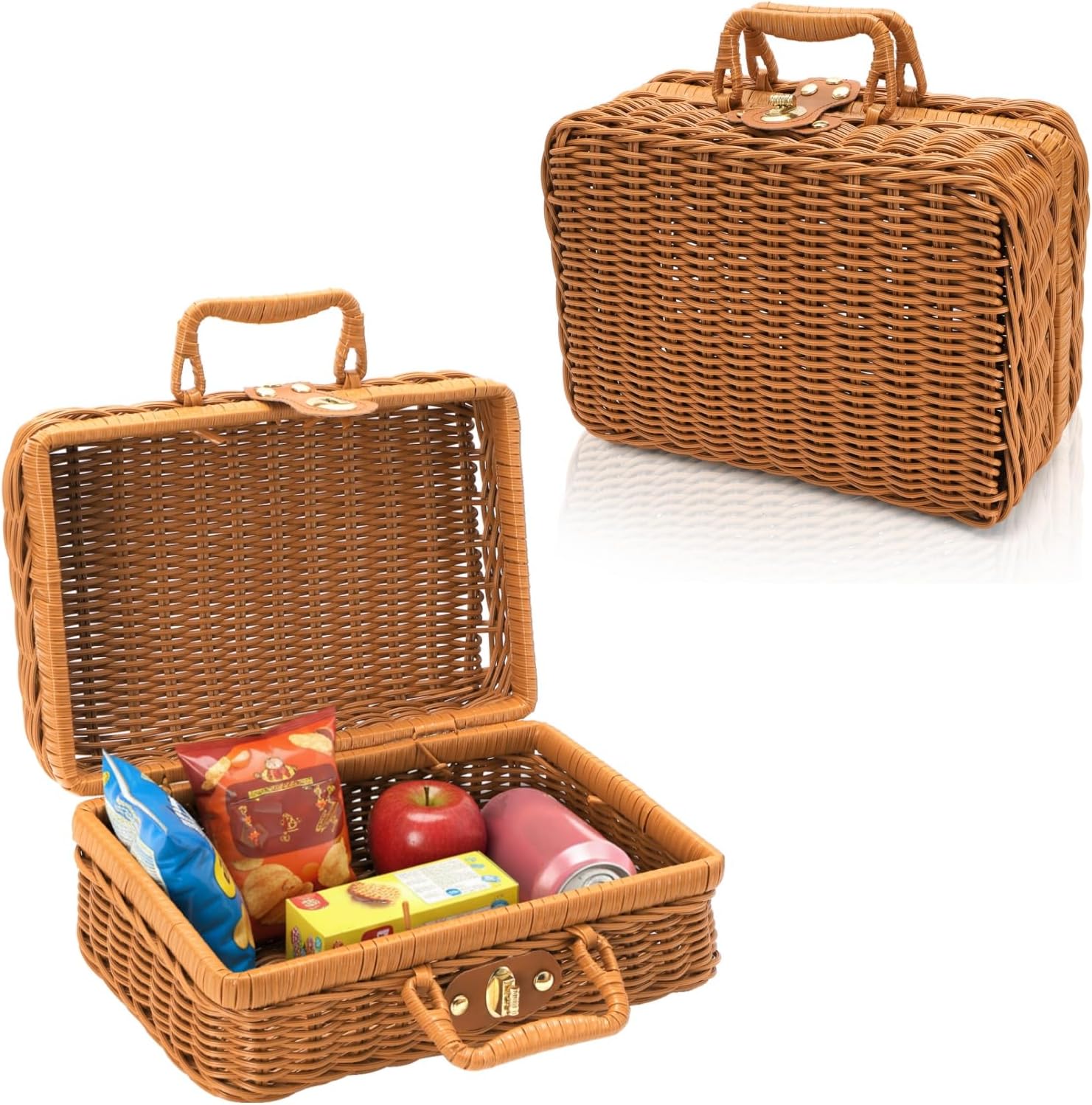 Covzoe Small Wicker Picnic Basket, Vintage Rattan Suitcase with Handle, 10.5" Rustic Storage Hamper Prop Case with Leather Strap Lock, Plastic Storage Box Makeup Organizer for Sundries Camping Travel