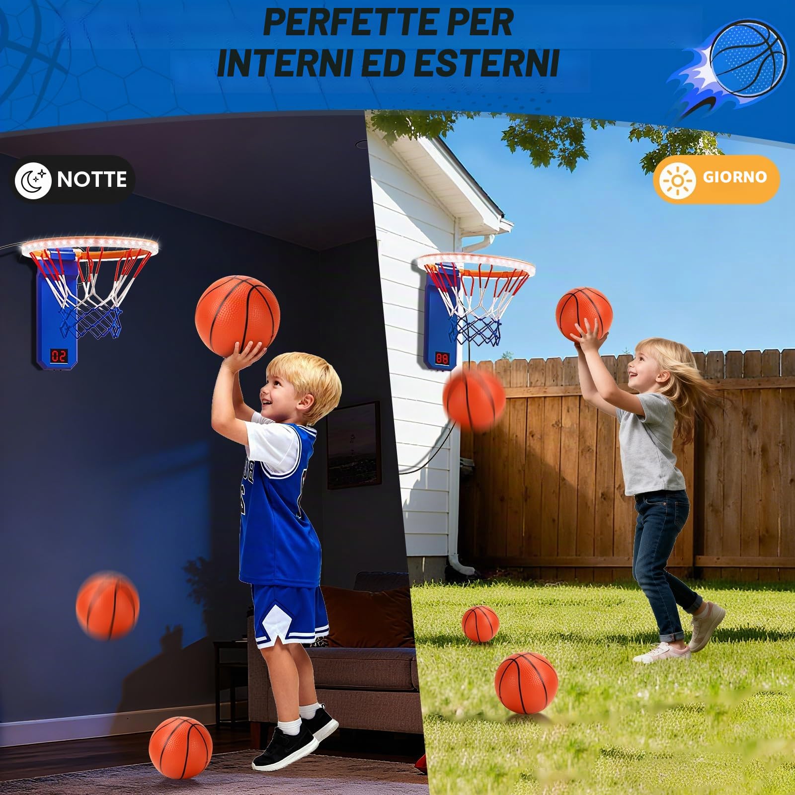 TERRAMUS Mini Canestro da Basket, Set da 2 Canestri da Basket con Pannello di Visualizzazione Elettronico, Canestro da Basket Regolabile in Altezza per Bambini, 4 Palle, 1 Pompa ad Aria, Regalo per