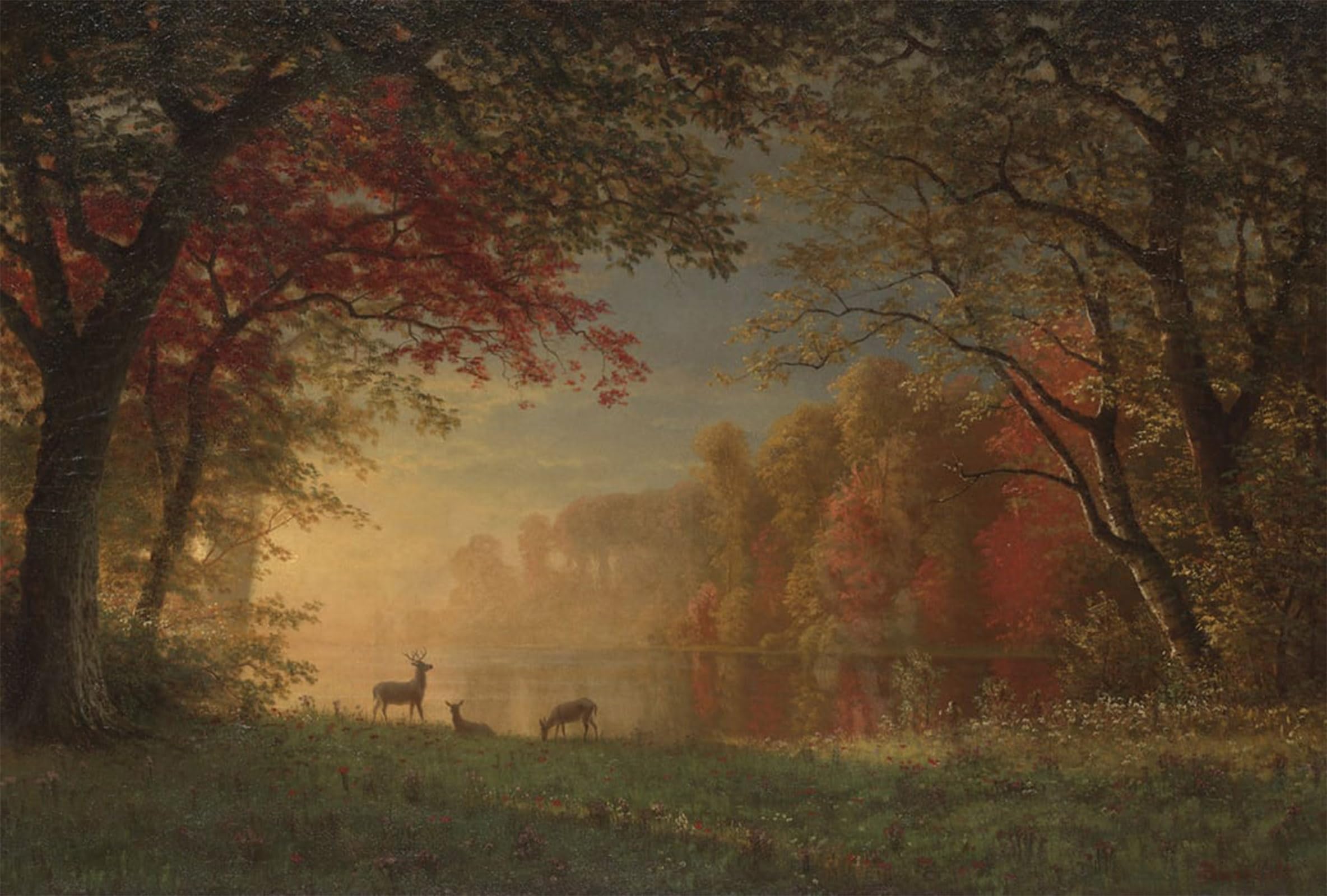 ARTXLXXBN Famous Painting Canvas Artwork Graffiti Print Indian Sunset: Deer by Albert Bierstadt Portrait Canvas Image for Home Decor 60x90cm