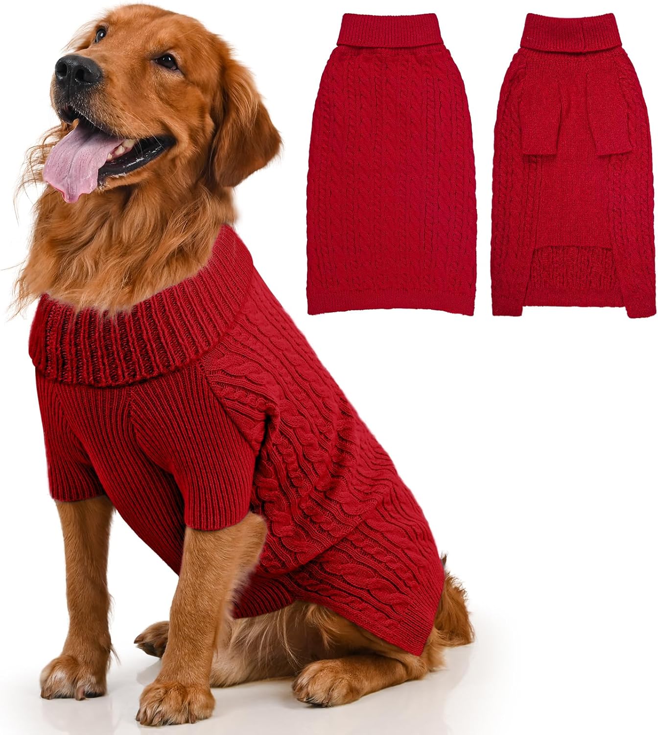 Dog Sweater Turtleneck Pullover Cable Knit for Boys Girls Large Dogs Bulldog Pitbull Labrador Doberman Winter Stretch Clothes Long Sleeves (XXL, Red)