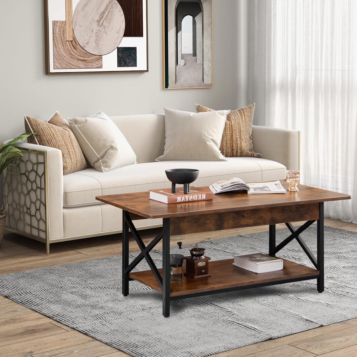 Coffee Table, 44" Rectangle Cocktail Table with Storage Shelf, Industrial Accent Table with Metal Frame & Adjustable Foot Pads, Wood Center Table for Living Room, Home Office (Rustic Brown)