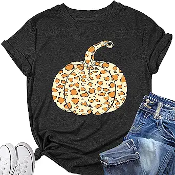 Thanksgiving Shirts for Women: Thankful Greatful Blessed Fall Pumpkin Short Sleeve Crew Neck T-Shirt