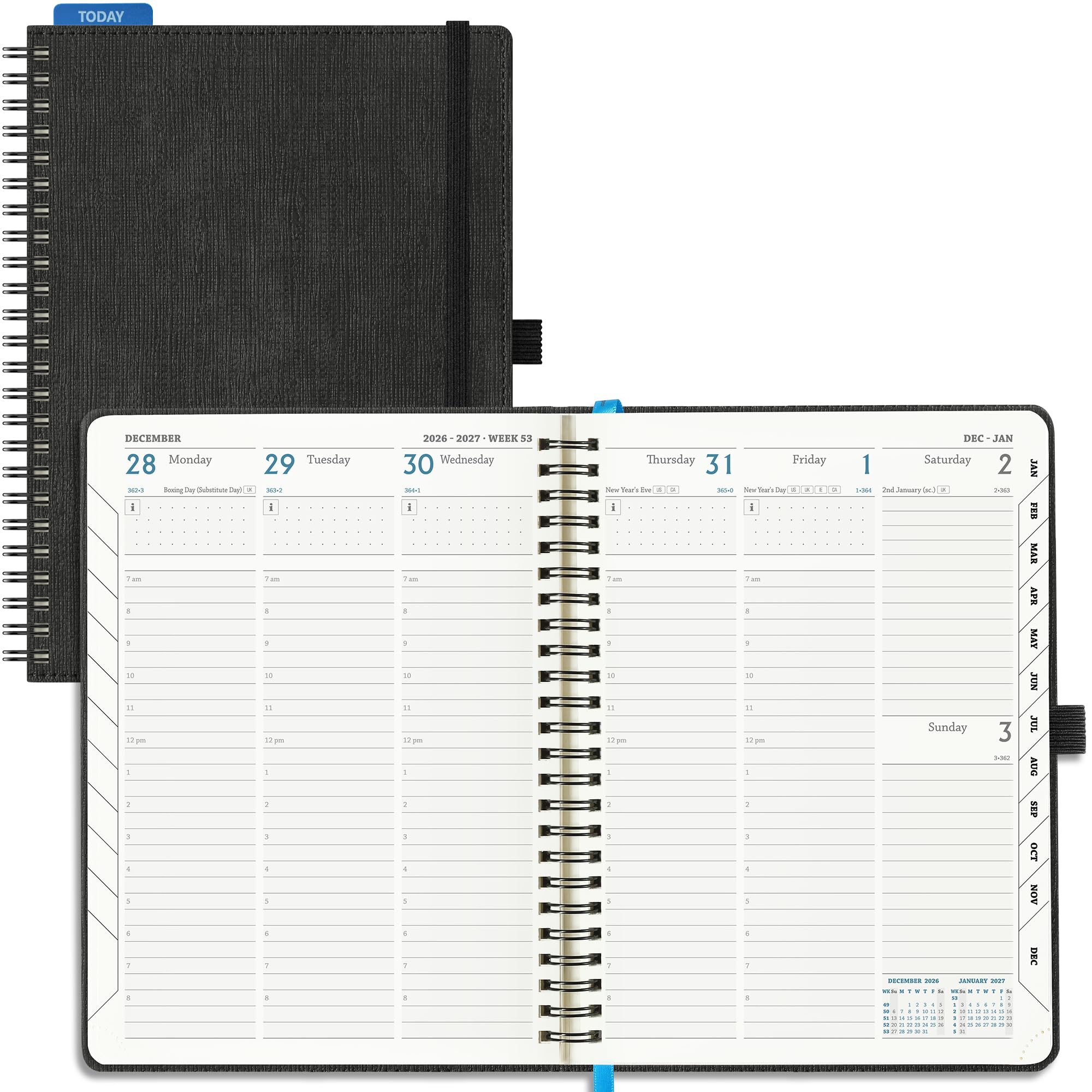 IN-LUXPRO Academic Diary 2026-2027 Week to View A5 Medium (21.9x16.2 cm) Spiral 18 Months (Jul'26 - Dec'27) Mid Year Diary 26/27 Vertical Weekly Planner with Timeslots& Month Tabs, PU Leather Black — image 1