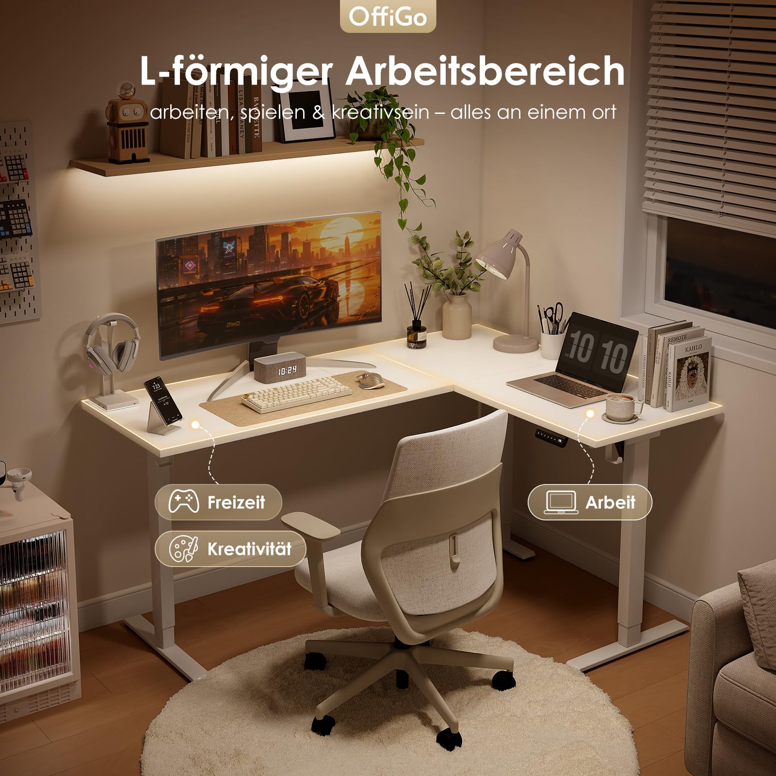 OffiGo Höhenverstellbarer Schreibtisch, 160 x 120 cm L-förmig Schreibtisch Höhenverstellbar Elektrisch, Eckschreibtisch Ergonomischer Steh-Sitz Tisch Computertisch, Weiß
