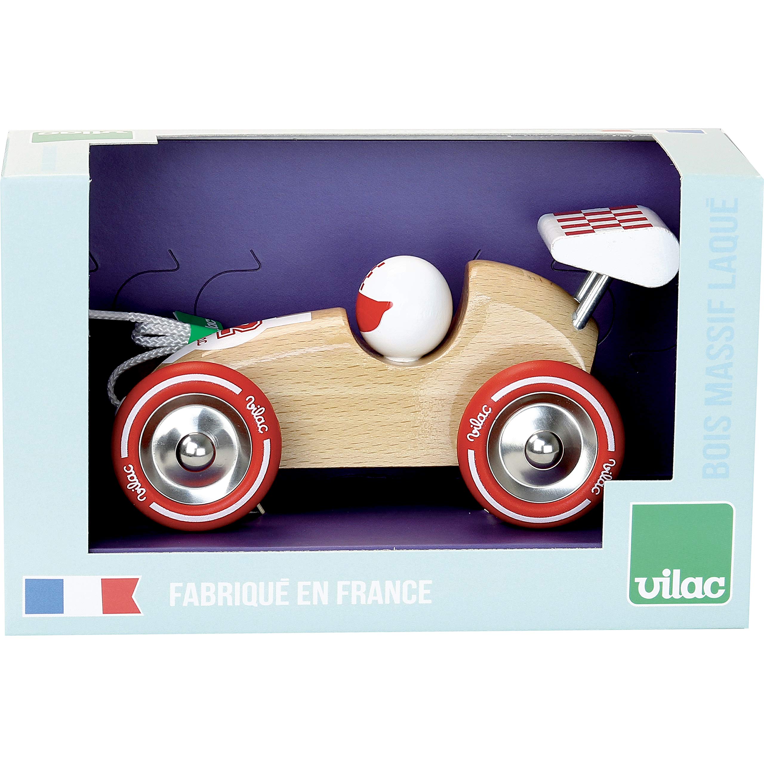 Vilac - Voiture de Course à Trainer - Voiture Vintage Rouge - Jouet Intergénérationnel à Tirer - Bois Naturel - Jouet Durable - A partir de 2 Ans