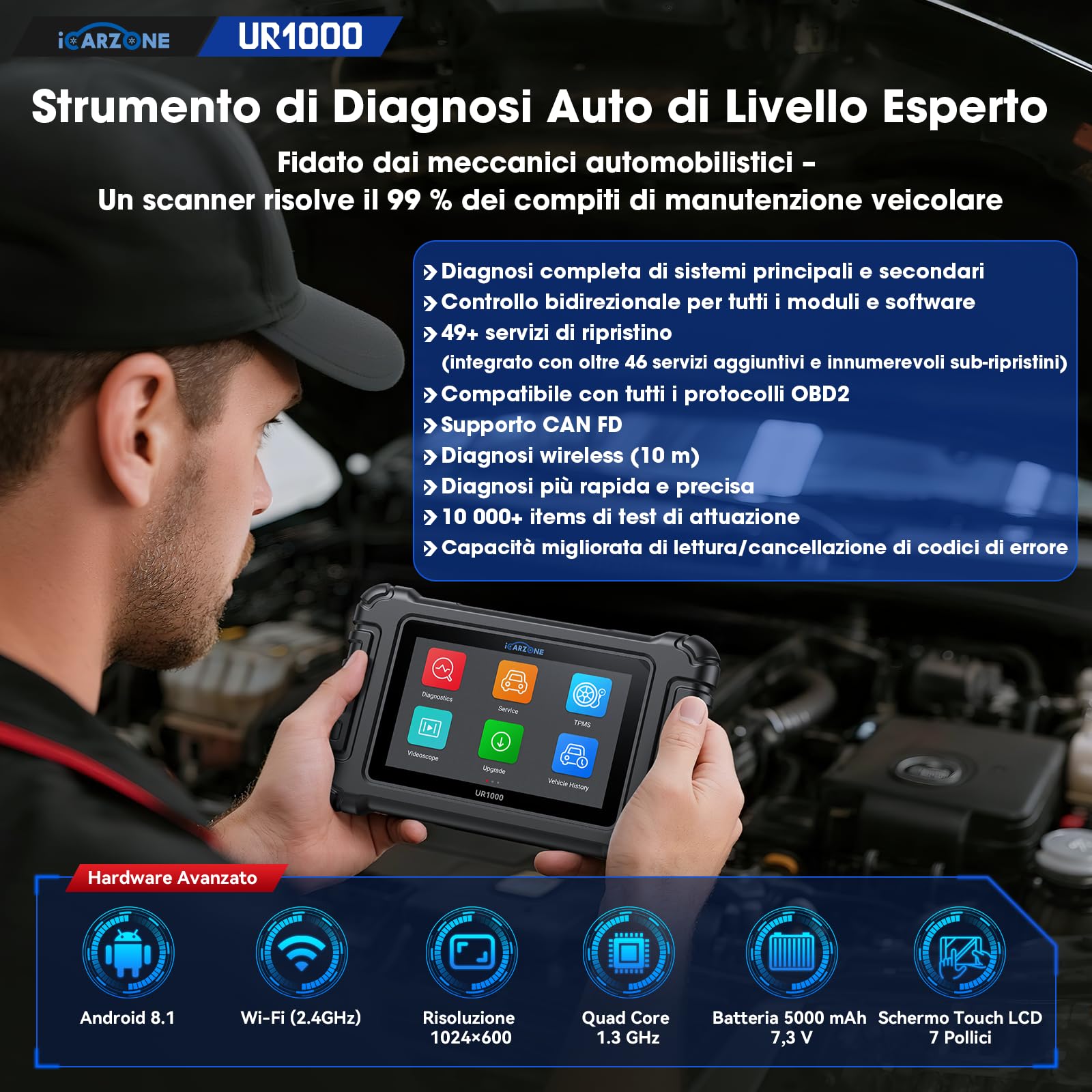 UR1000 Auto Diagnostica, Diagnosi Auto Professionale in Italiano per Tutti i Sistemi, 50 Funzioni di Reset, 10000+ Test Bidirezionale, VIN Automatico, CANFD, Program TPMS, Aggiornamento WiFi