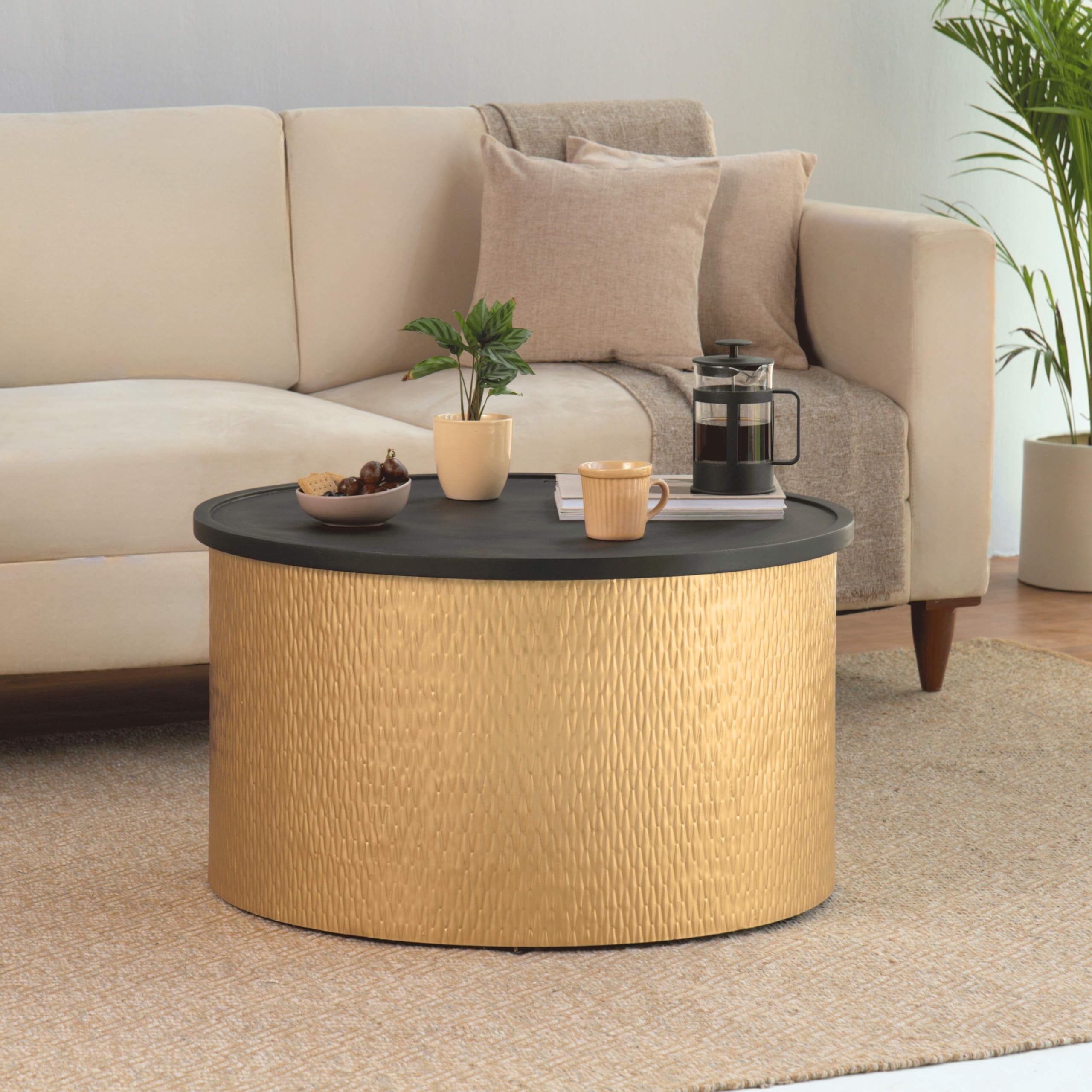 Modern Accent Cylindrical Round Coffee Table with Black Top and Hammered Gold Metal Base, Boho Contemporary Drum Cocktail Table, Glam Accent Center Table for Living Room and Family Room, Assembled