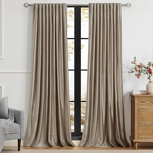 PRIMROSE Cortinas de color gris pardo de 96 pulgadas para sala de estar, 2 paneles de cortinas opacas de terciopelo con bolsillo para barra, pestaña