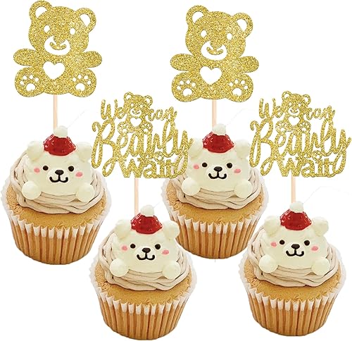 Rsstarxi Paquete de 24 adornos para cupcakes con texto en inglés We Can Bearly Wait (We Can Bearly Wait para cupcakes, oso con purpurina marrón,