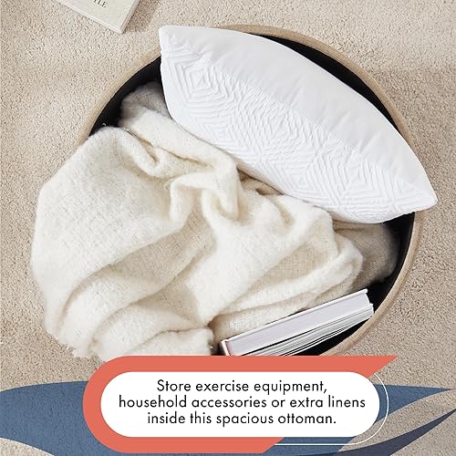 Miniatura 3 de Ornavo Home Decor - Otomana redonda con almacenamiento, taburete redondo para tocador, puf otomano con almacenamiento para sala de estar y Lino