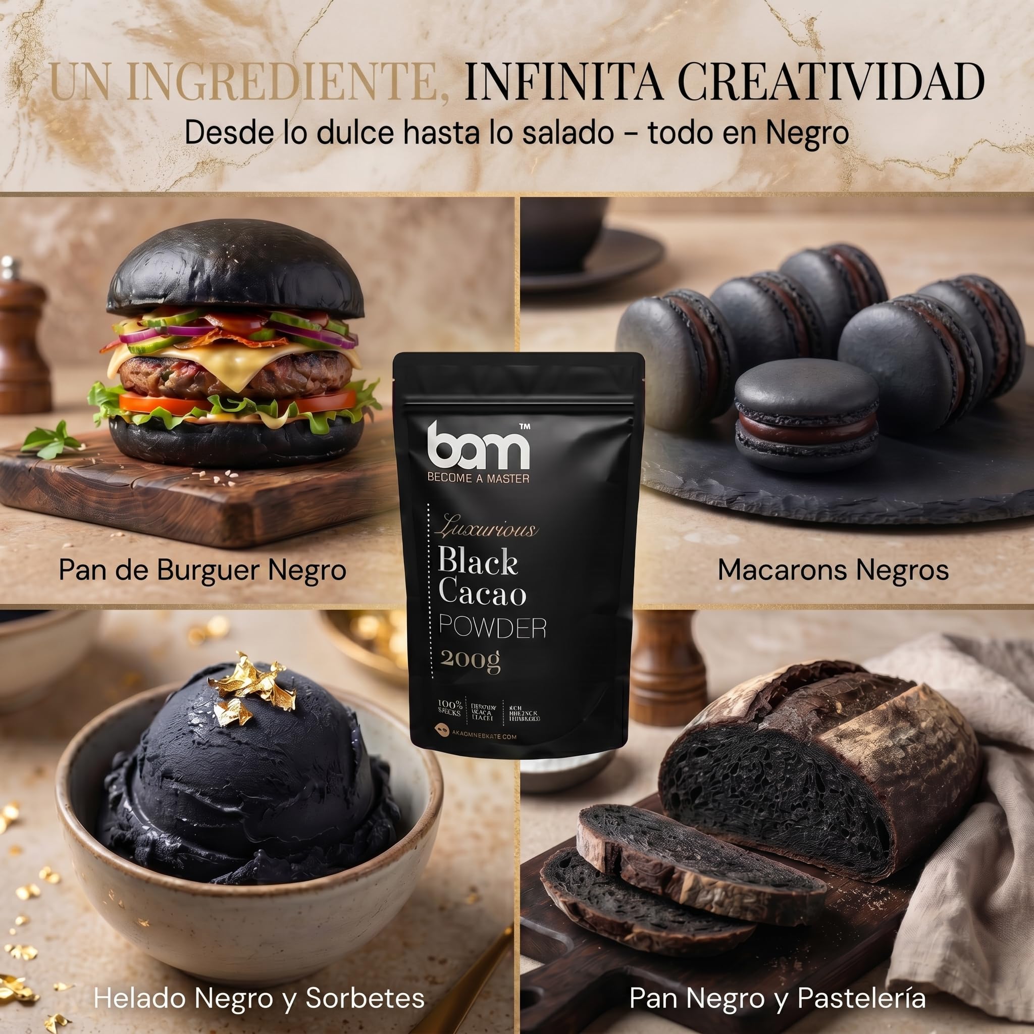 BAM Cacao Negro en Polvo 200 g, Cacao Puro y Desgrasado sin Azúcar para Repostería – Sin Gluten, Vegano