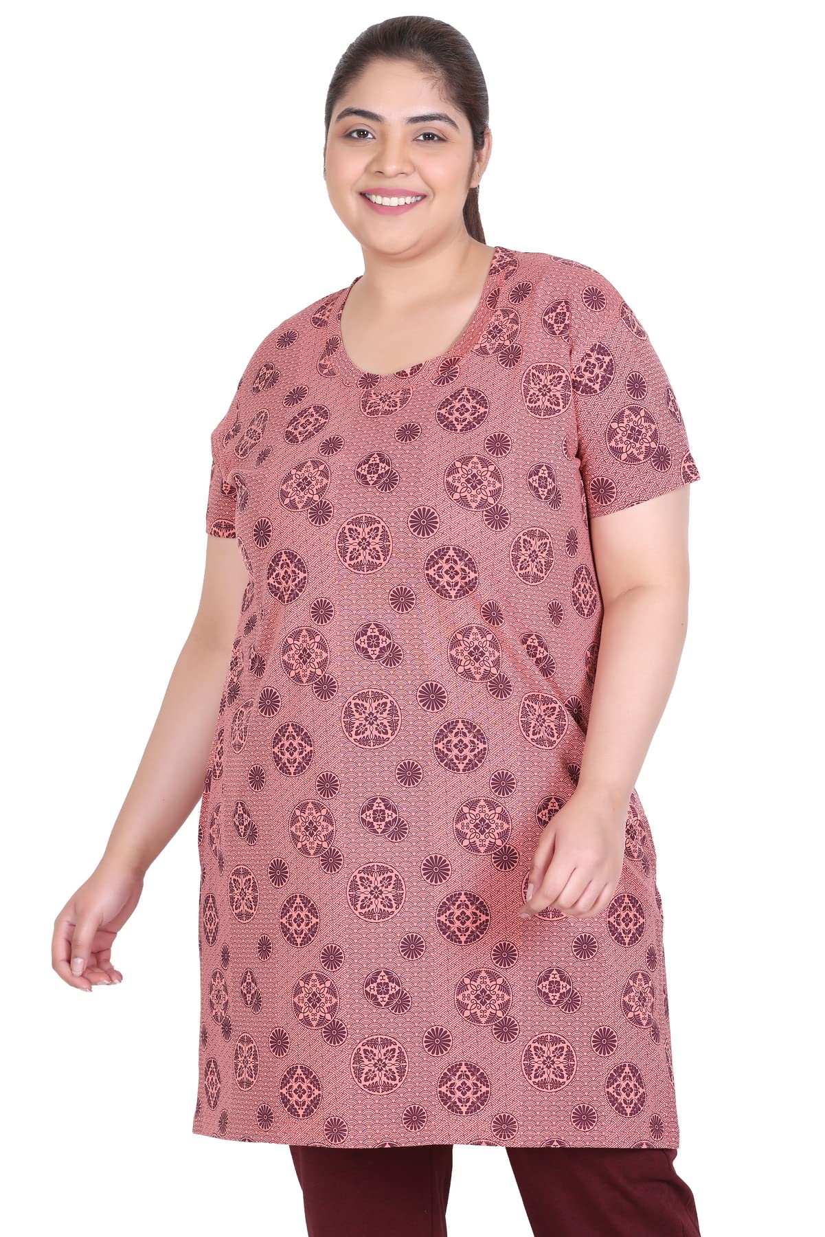 RYSHWomen's Plus Size Cotton Long-line All Over Printed T-Shirt with Pocket